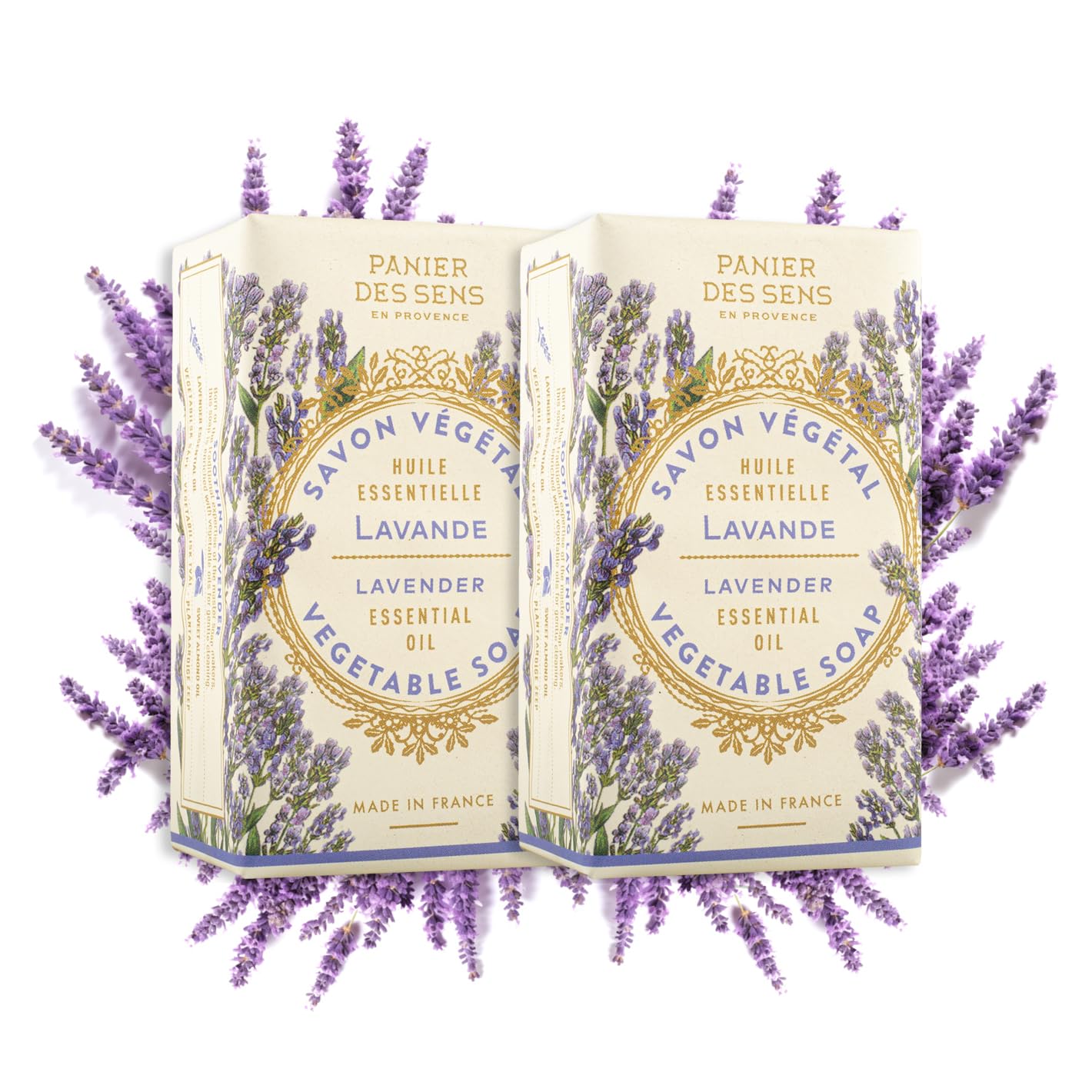 Panier des Sens Lavender Bar Soap 2x150g - Moisturizing Gentle Scented Soap Bar with Sweet Almond - 97% Natural Ingredients Made in France - Vegan
