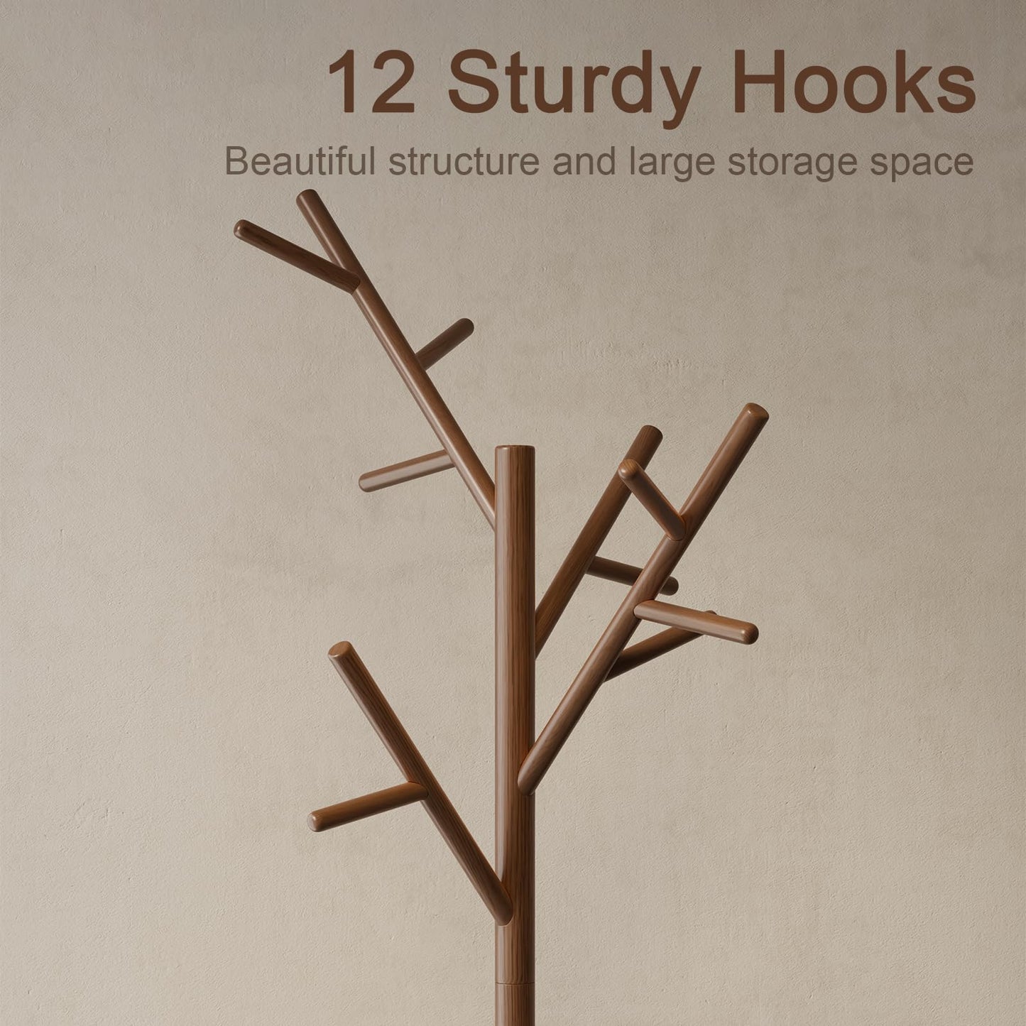 AQIMUELE Coat Stand, Wooden Coat Rack, Freestanding Stand with 12 Hooks, 3 Heights for Clothes, Hats, Bags, Coat Stands for Hallway, Small Space