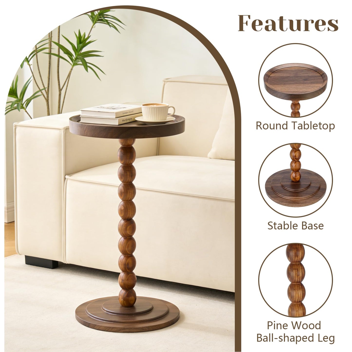 XUDREZ Modern Side Table with Vintage Spindle Design, Small Round Coffee End Table for Living Room Bedroom/Sofa/Bathtub (Walnut Brown)