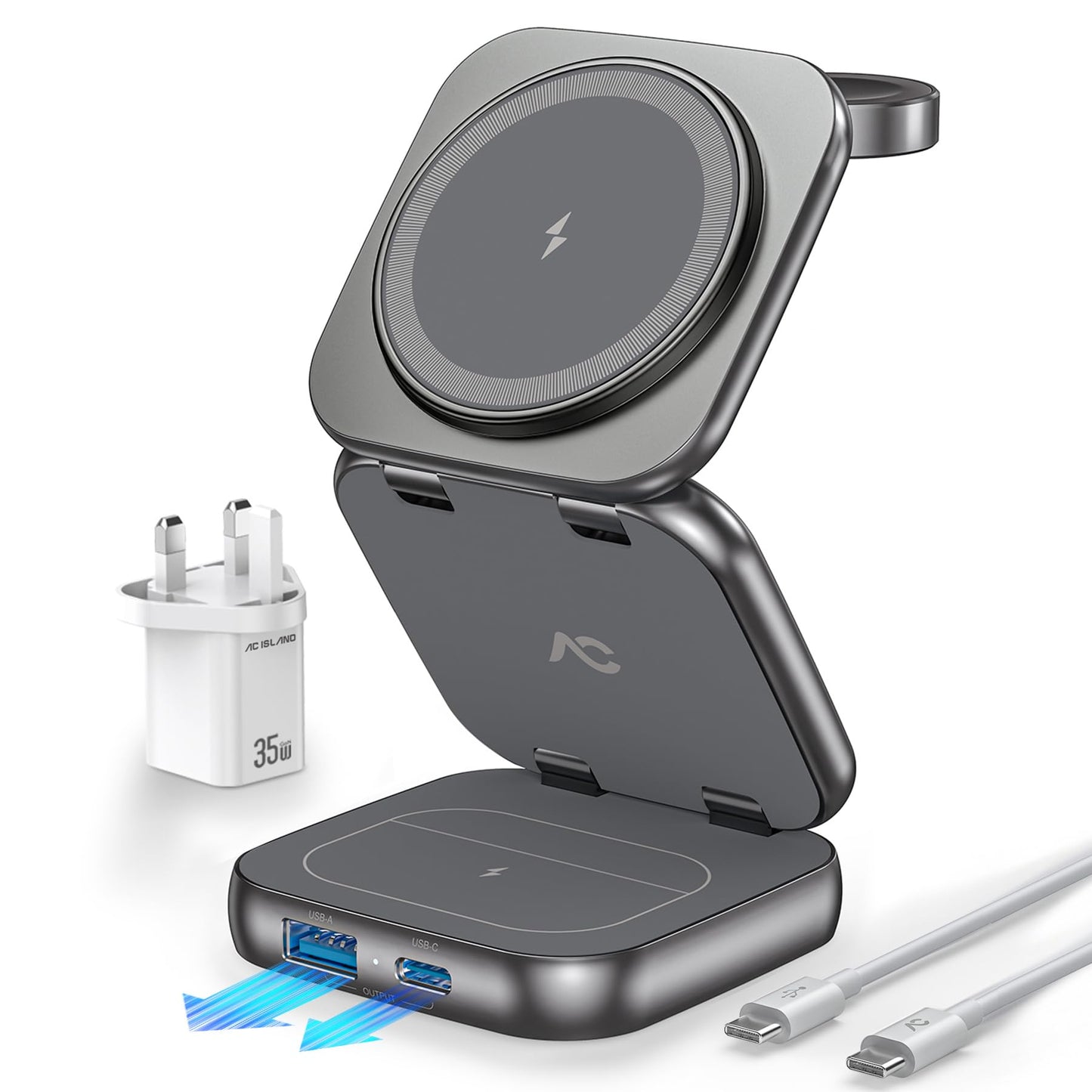 AC Island 5 in 1 Wireless Charging Station, Foldable Mag-Safe Charger Stand, Travel Wireless Charger for iPhone 17 Pro/16/15/14/13/12 Series, Apple