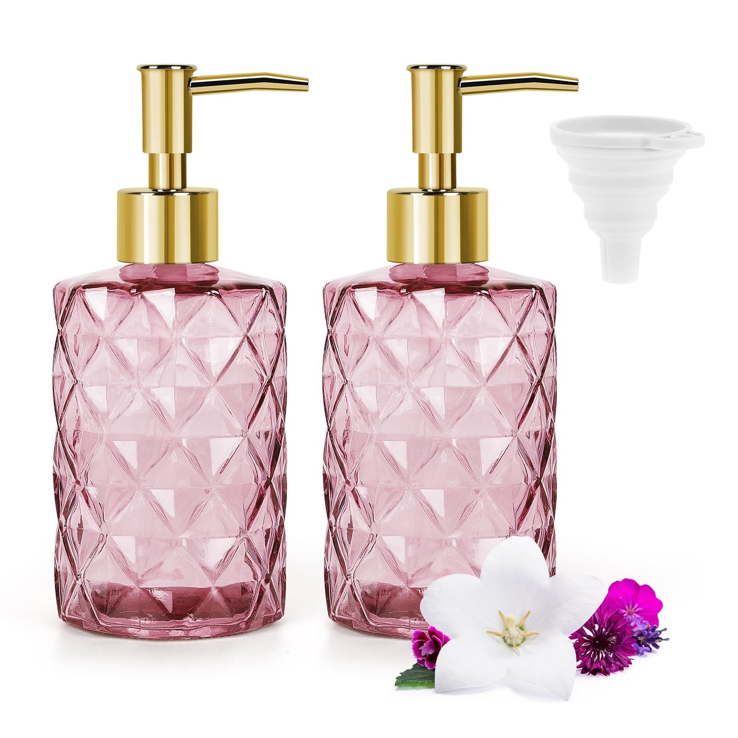 Soap Dispenser - 2 Pack, Clear Diamond Glass Refillable Hand Soap Dispensers, Hand and Dish Soap Dispenser, Soap Bottles with Gold Pump, Lotion