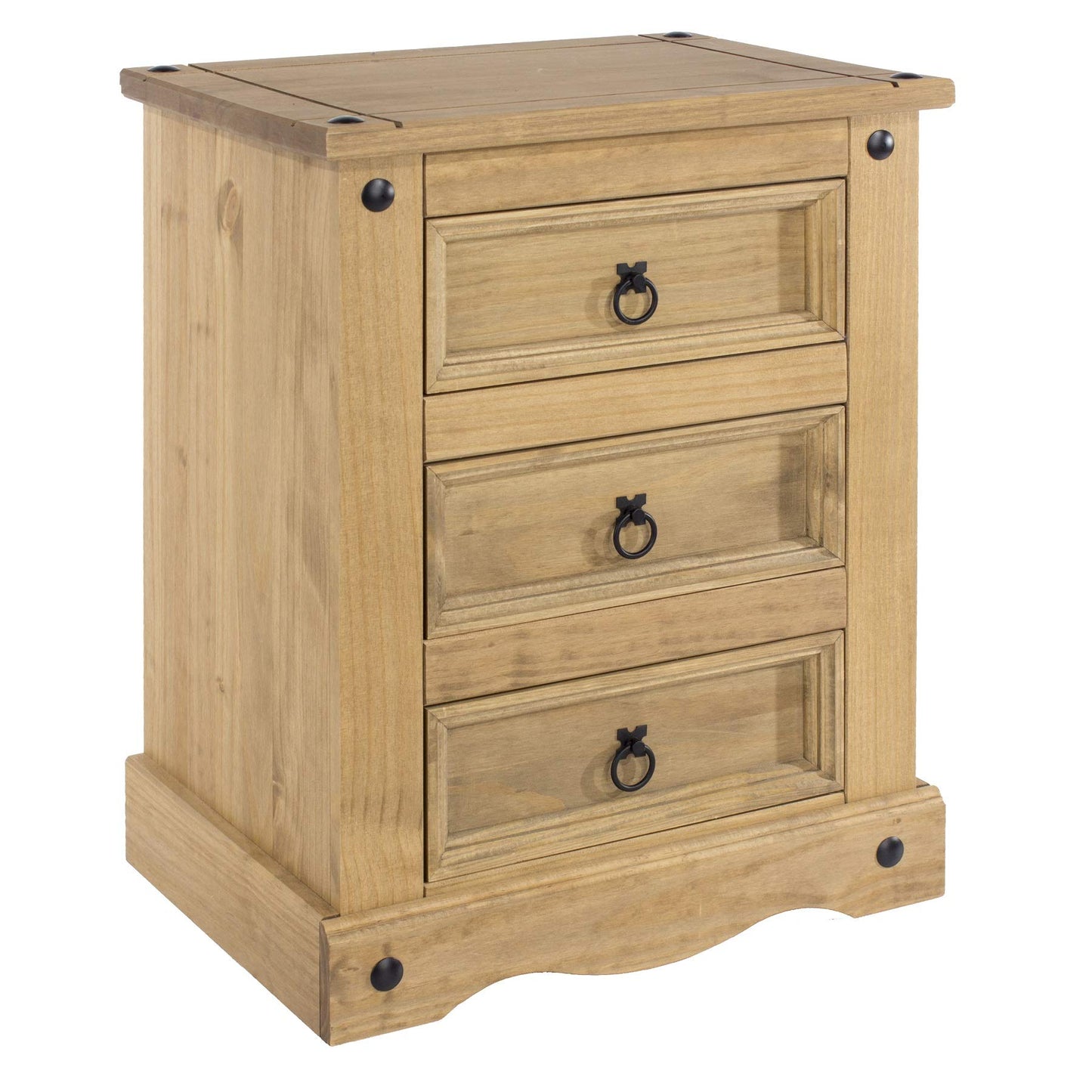 Home Source Corona Distressed Waxed Pine 3 Drawer Bedside Nightstand