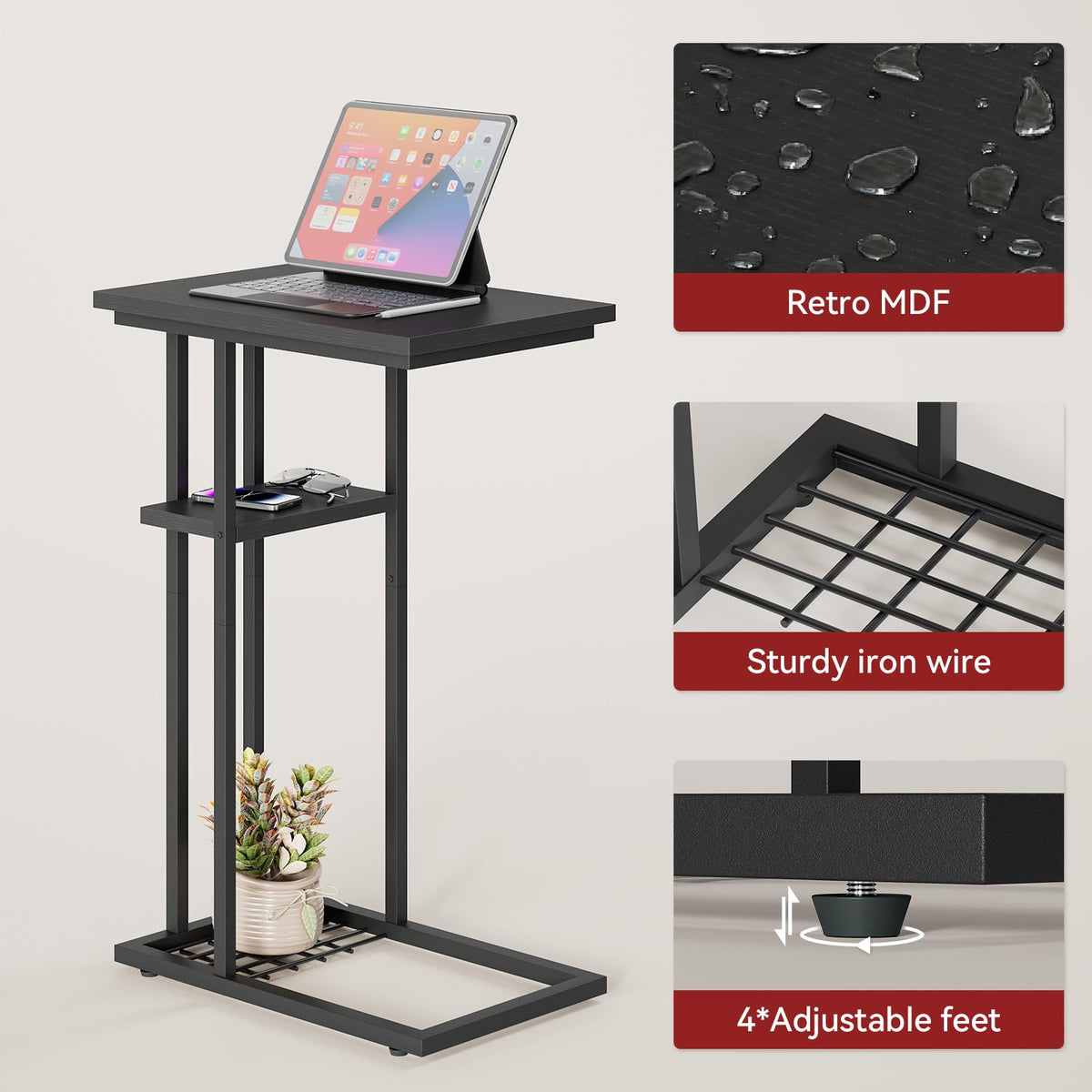 YMYNY C Shaped Side Table, 40 × 26 × 61.5CM,Black HST004B