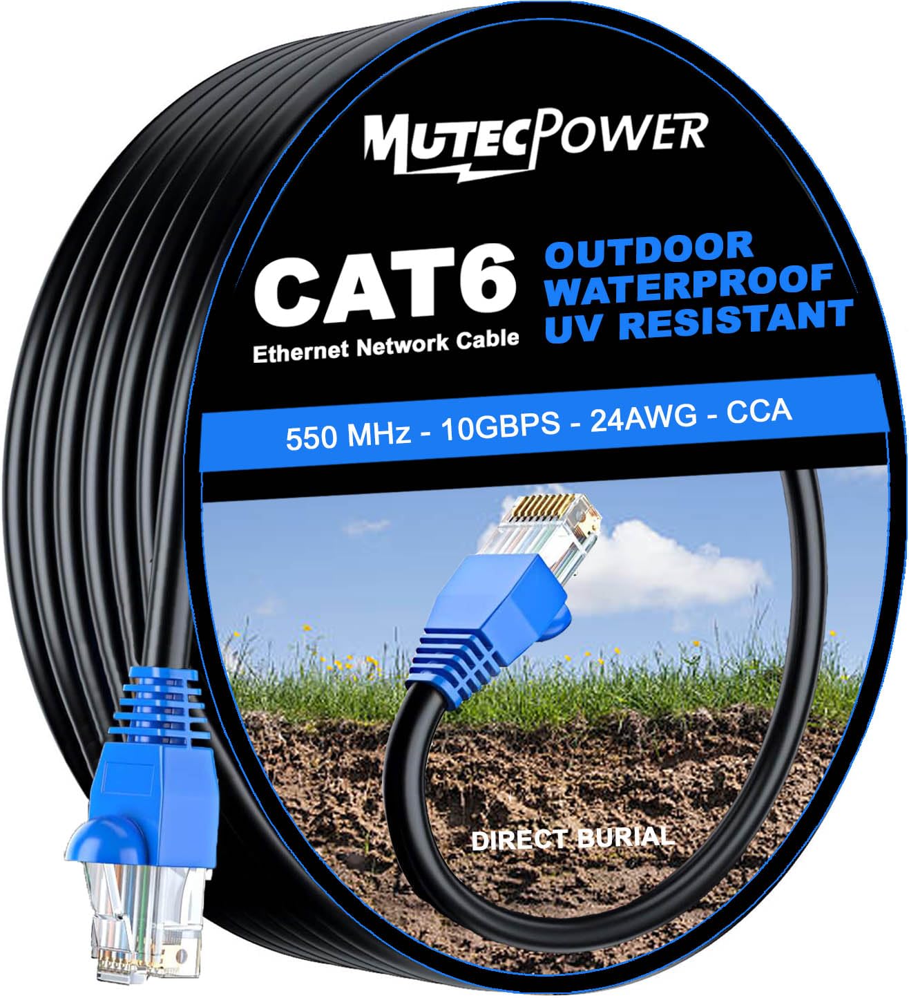 MutecPower 30m CAT6 Outdoor waterproof Direct Burial Ethernet Network Cable - UTP - CCA - 550 Mhz - Black 30 meter