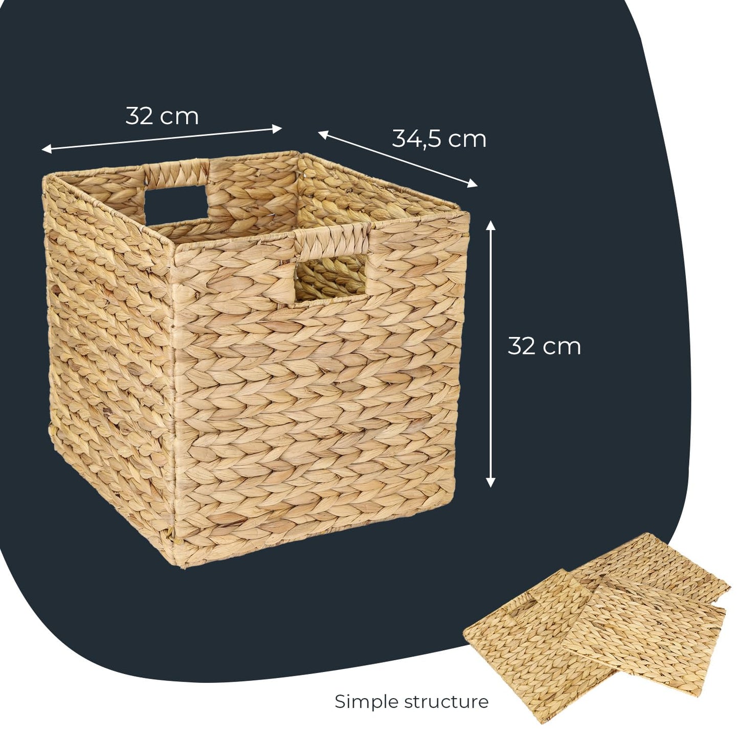 HMF Storage Basket Suitable for KALLAX Shelving Unit, Woven Water Hyacinth Basket with Handles | Set of 2 | 32 x 34,5 x 32 cm | Nature