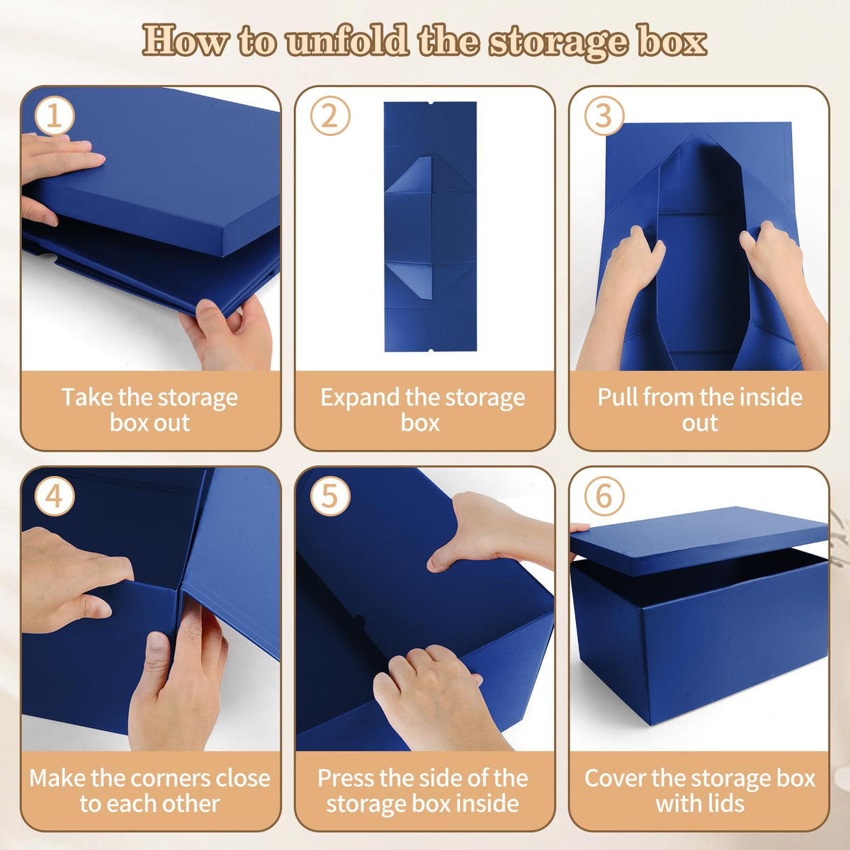 KISPATTI Storage Box, Blue Storage Boxes with Lids 38 x 28 x 19 cm Large Storage Box with Ribbon Cardboard Storage Boxes for Home Bedroom Living Room