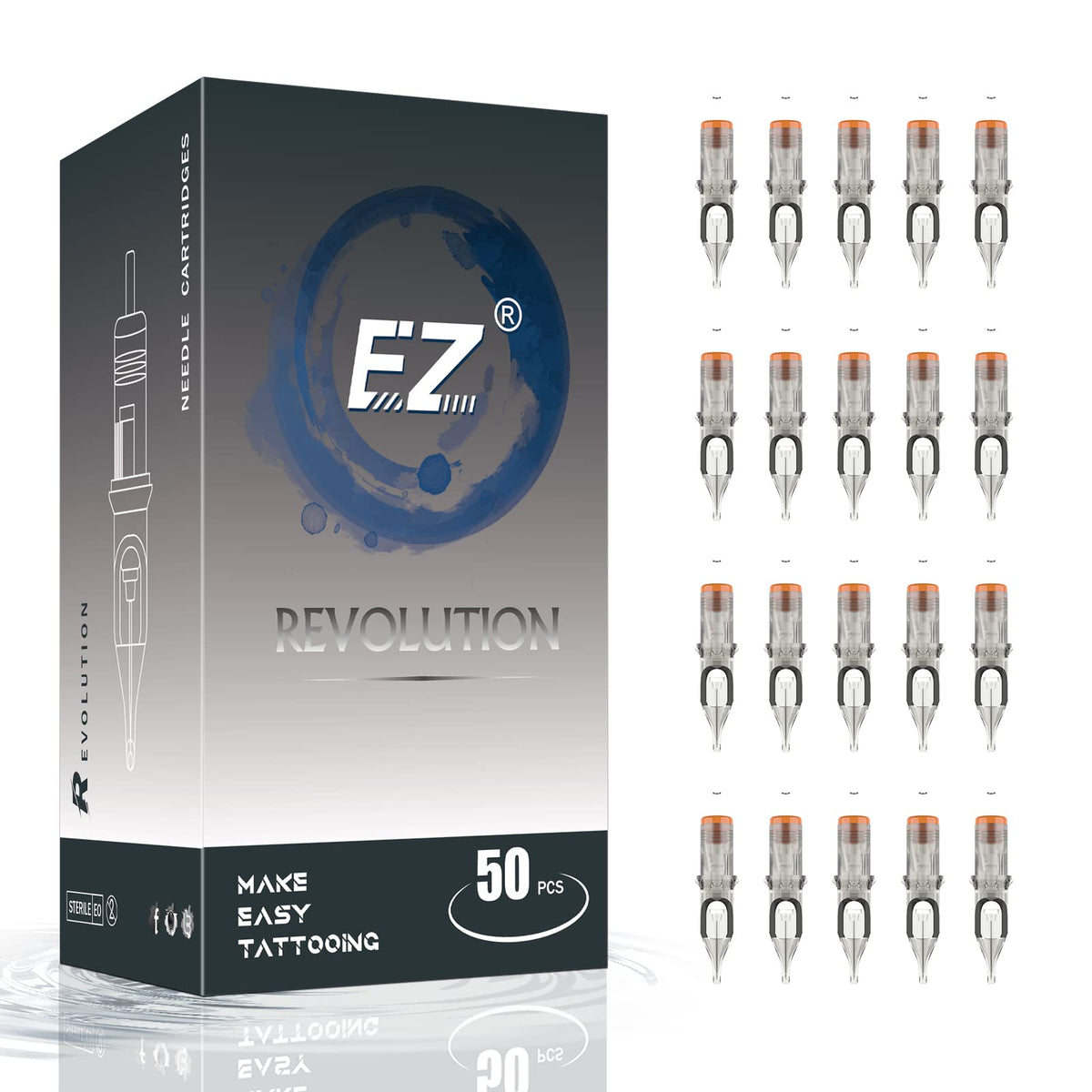 EZ Tattoo Cartridge Needles Assorted - 50Pcs #12 Mixed 3RS 5RS 7RS 9RS 11RS Standard Round Shader Tattoo Needle Cartridges for Tattooing Rotary