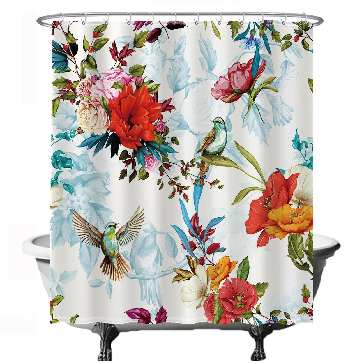 Ulticool - Shower Curtain - Bird Flower Nature - 180 x 200 cm - Bathroom Curtain - Washable - Mould-proof - with 12 Rings White - Flowers - Red Pink