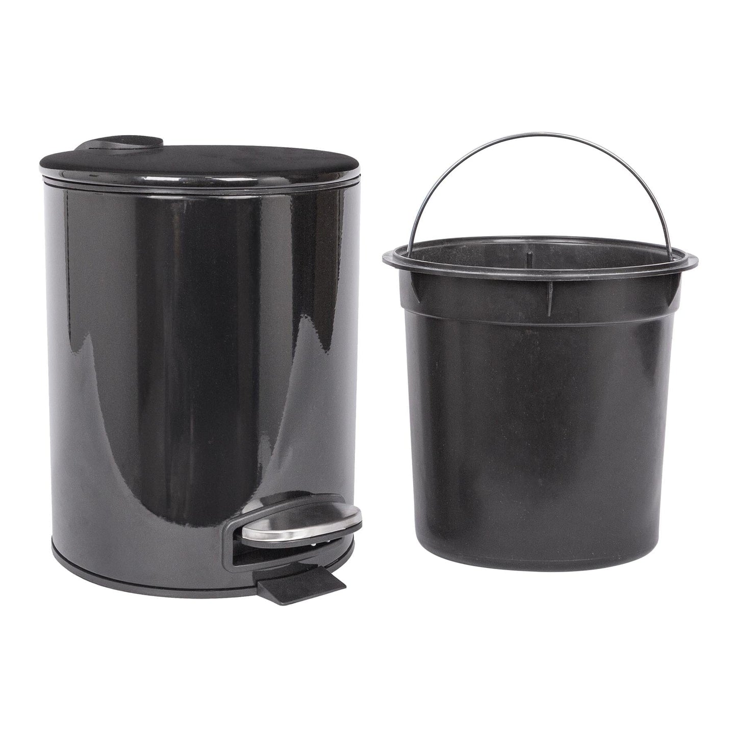 2pc 5L Black Round Stainless Steel Pedal Bin & Toilet Brush Set