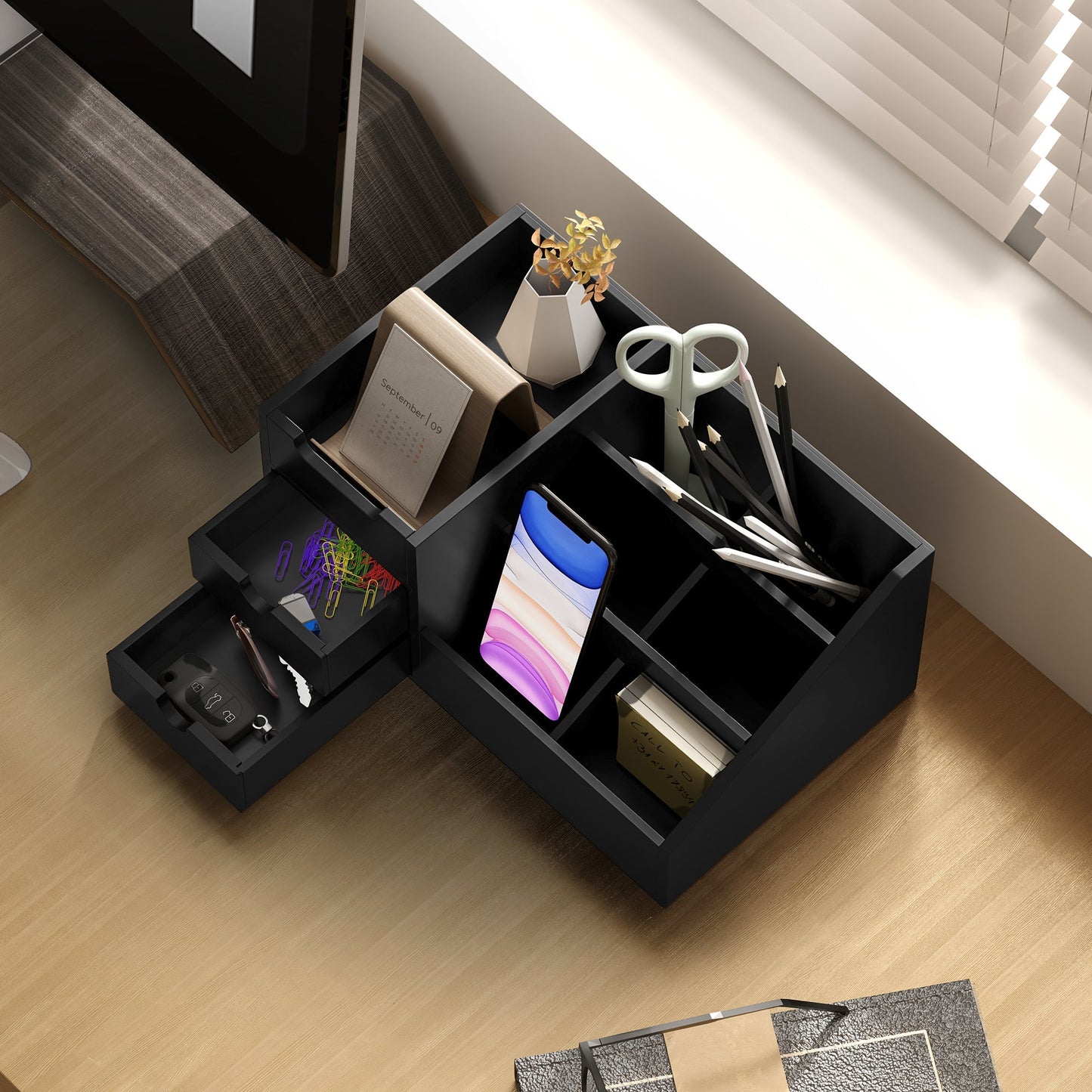 HOMCOM Desk Organiser Holder, Bamboo Multi-Function Storage Caddy with 7 Storage Compartments and 2 Drawers for Home Office Stationary Supplies, Black
