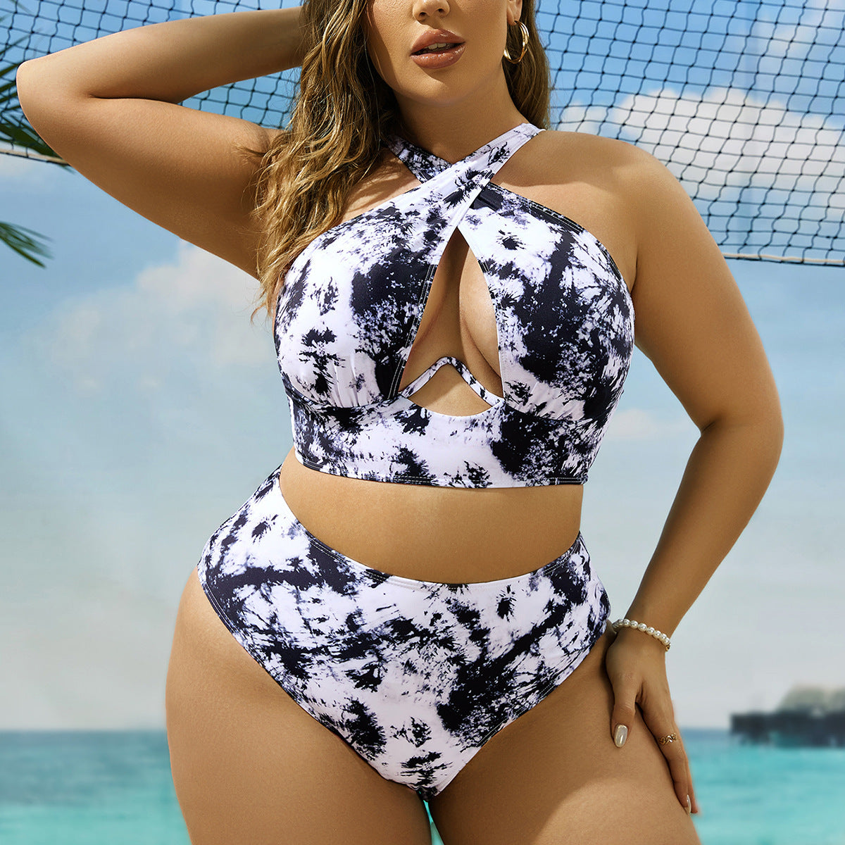 Cross Collar Random Printed Bikini Swimsuit Suit