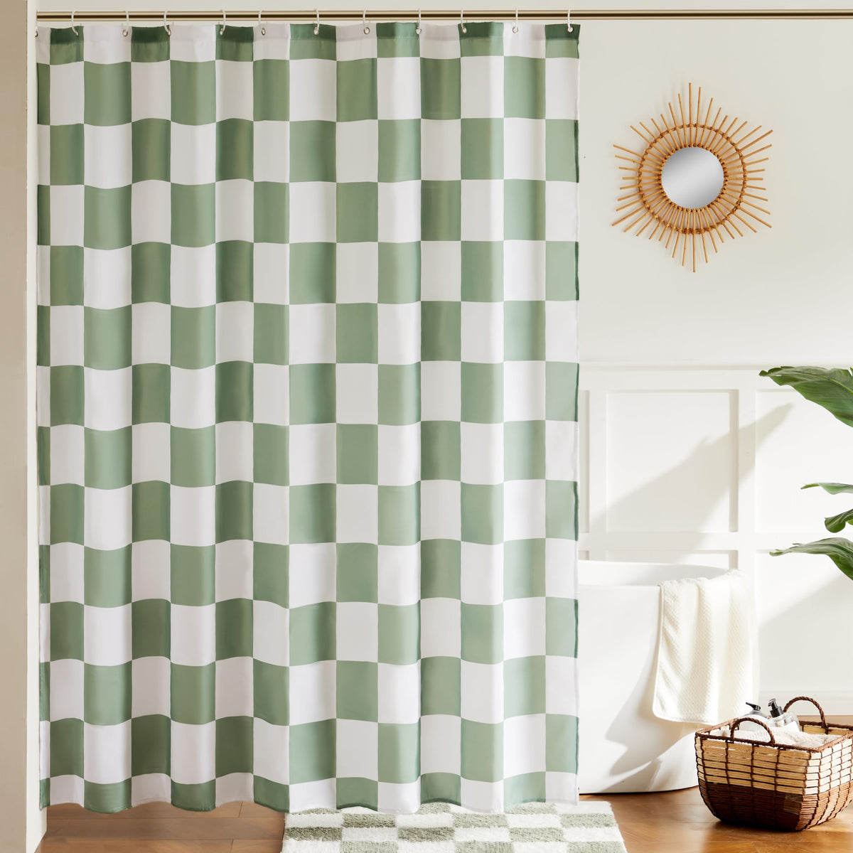 Ohocut Checkered Shower Curtain, Sage Green Shower Curtains for Bathroom, Cute Retro Checkerboard Vintage Aesthetic, Machine Washable Fabric Bath