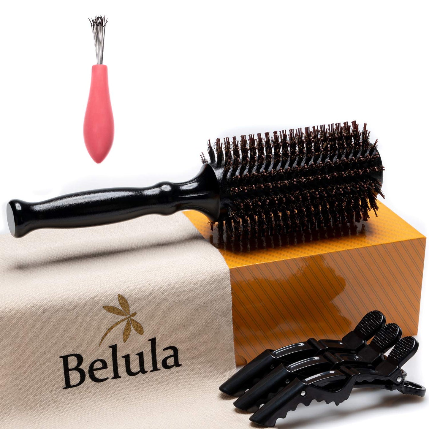 Belula Boar Bristle Round Brush for Blow Drying Set. Round Hair Brush With Medium 2.4" Wooden Barrel. Hairbrush Ideal to Add Volume and Body. Free 3 x