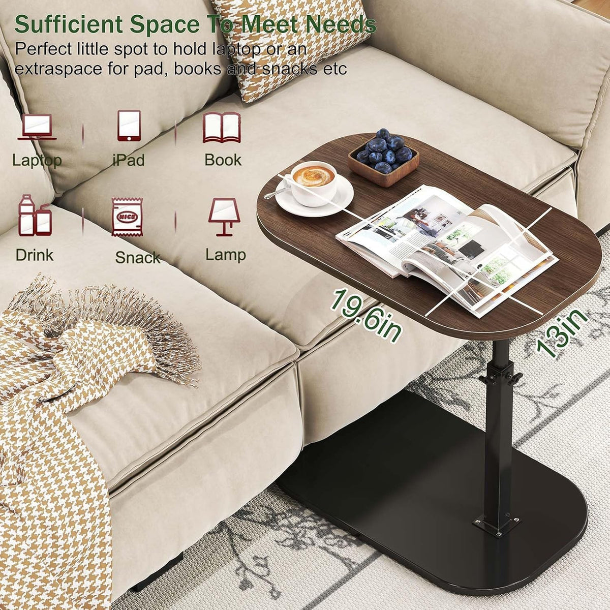 Kiss Me C Shaped Side Table 360° Swivel TV Tray Laptop Desk Black Walnut