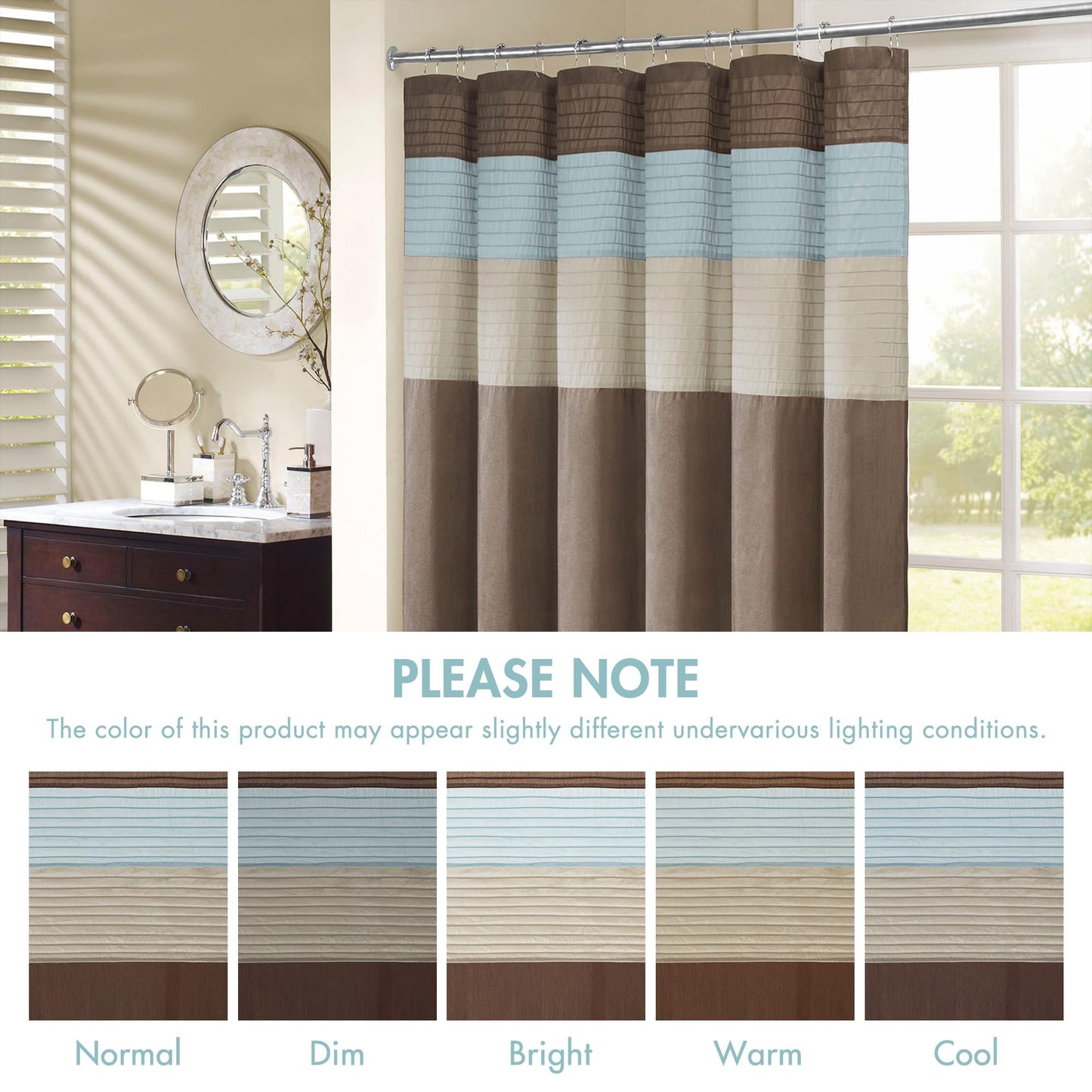 Madison Park Bathroom Shower Faux Silk Pieced Striped Modern Microfiber Bath Curtains, Polyester, Blue, 72" W x 72" L (Pack of 1)