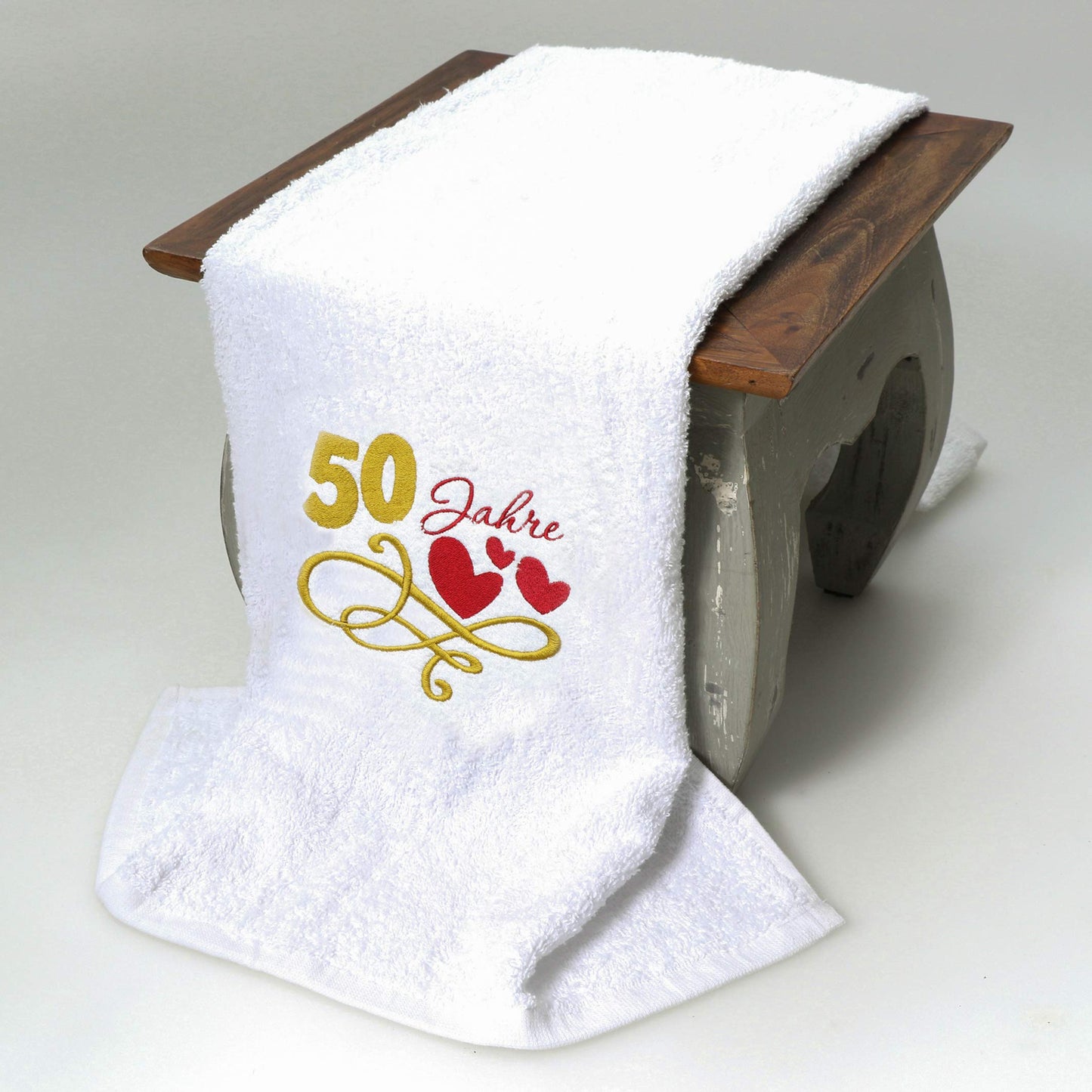 Gift Towel for 50th Birthday with Embroidered Hearts and 50 Years for Women and Ladies - 50th Anniversary Gift Idea