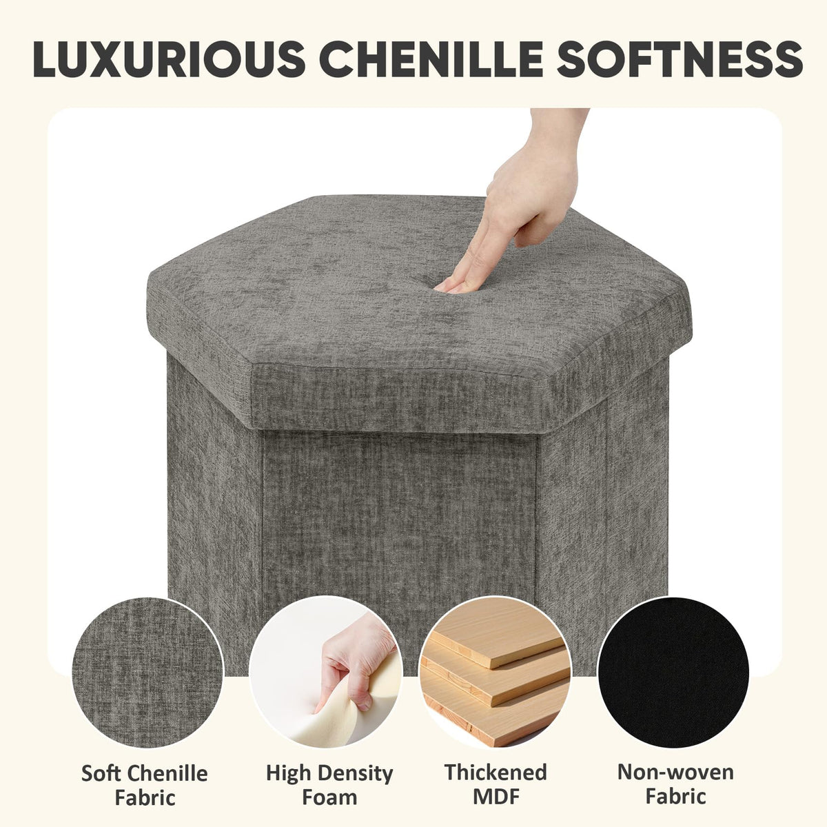 PINPLUS Chenille Ottoman Storage Box, Hexagonal Folding Stool, Grey