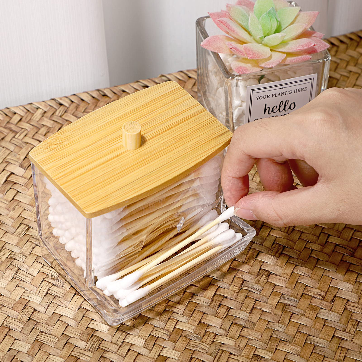 SUMTree L-shaped Qtip Cotton Ball Holder Qtip Dispenser with Bamboo Lid