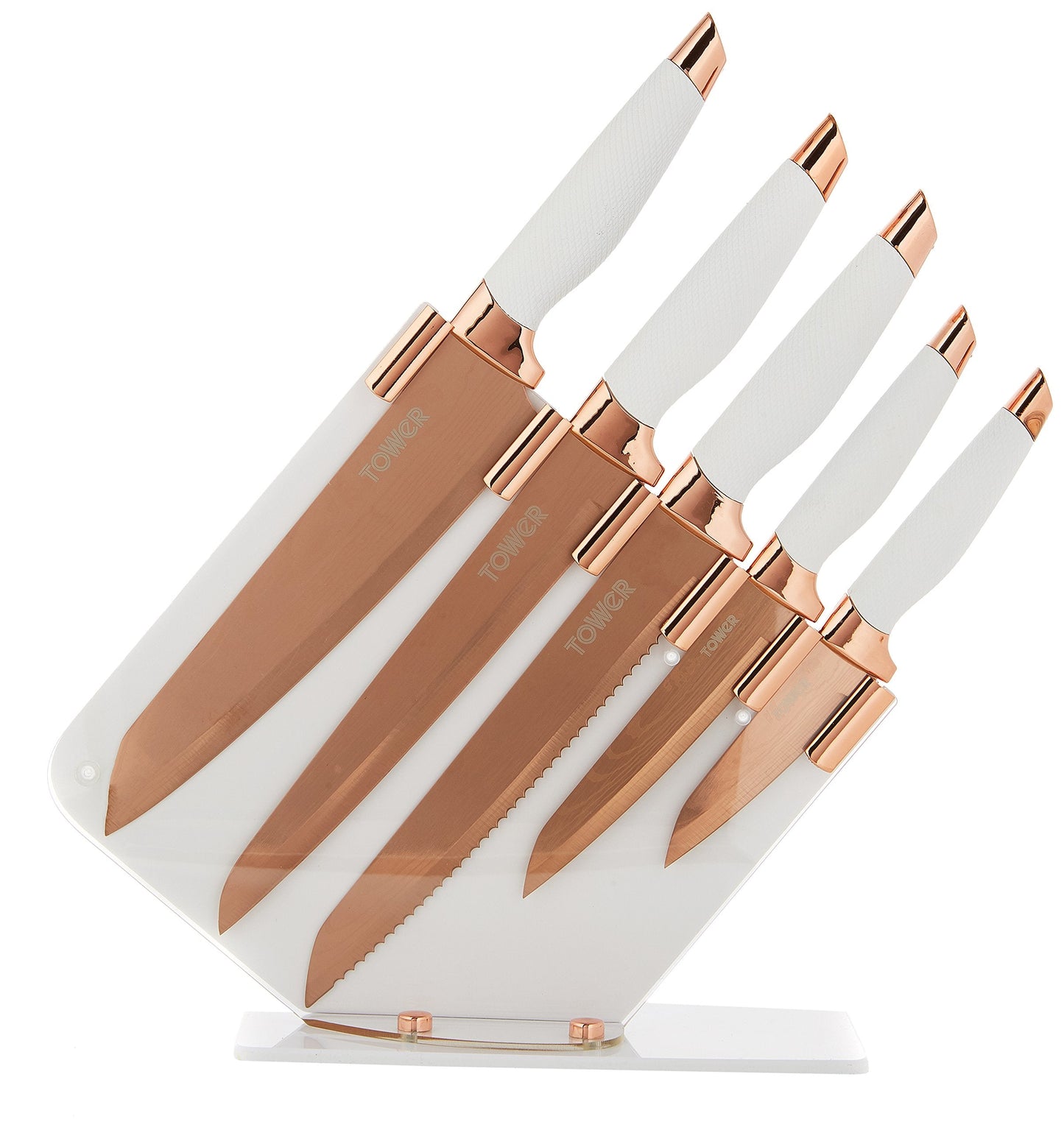 Tower Damascus Effect Kitchen Knife Set with Stainless Steel Blades and Acrylic Stand, Rose Gold/White, 5 Piece