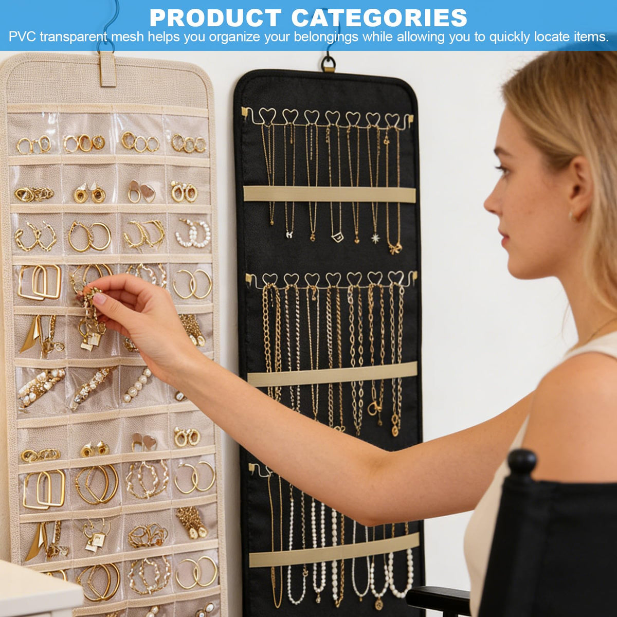 Rthynti Hanging Jewellery Organiser, Dual-Sided Jewellery Storage with Metal Hooks