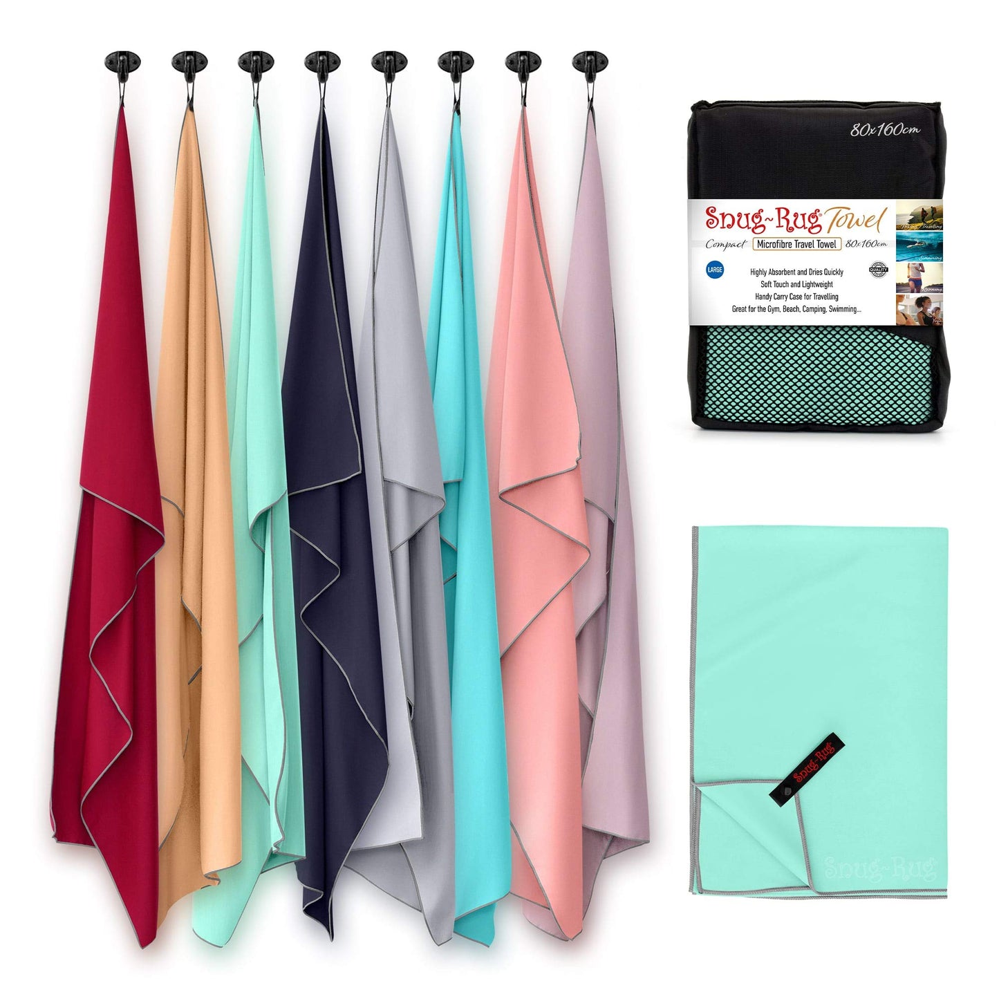 Snug Rug Microfibre Beach Towel Large 80 x 160cm ? Super Absorbent Quick Drying Lightweight Sand Proof Beach Towels Beech Glass Turquoise