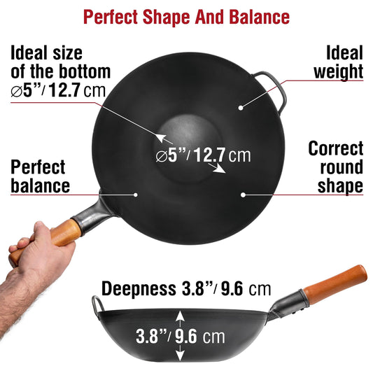 YOSUKATA Carbon Steel Wok Pan 34 cm Woks and Stir Fry Pans - Chinese Wok with Flat Bottom Pow Wok - Traditional Chinese Japanese Woks - Black Steel