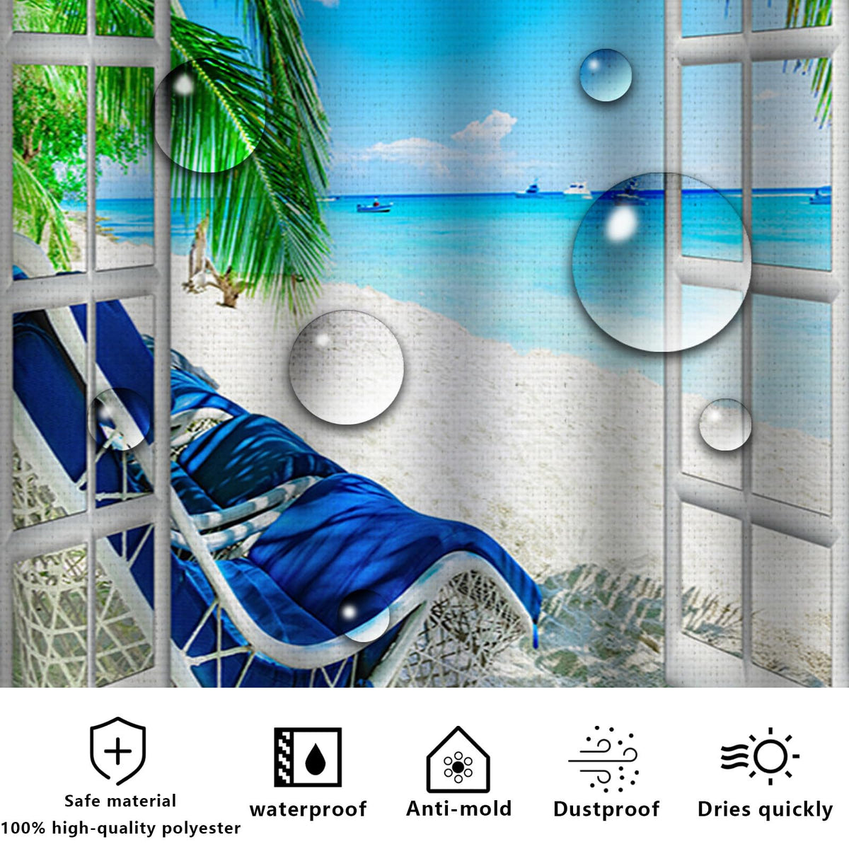 FAIRYGATE Beach Shower Curtain Palm Tree Decor Ocean Beach Seascape Through White Wooden Windows Summer Scene Tropical Island Blue Green Waterproof
