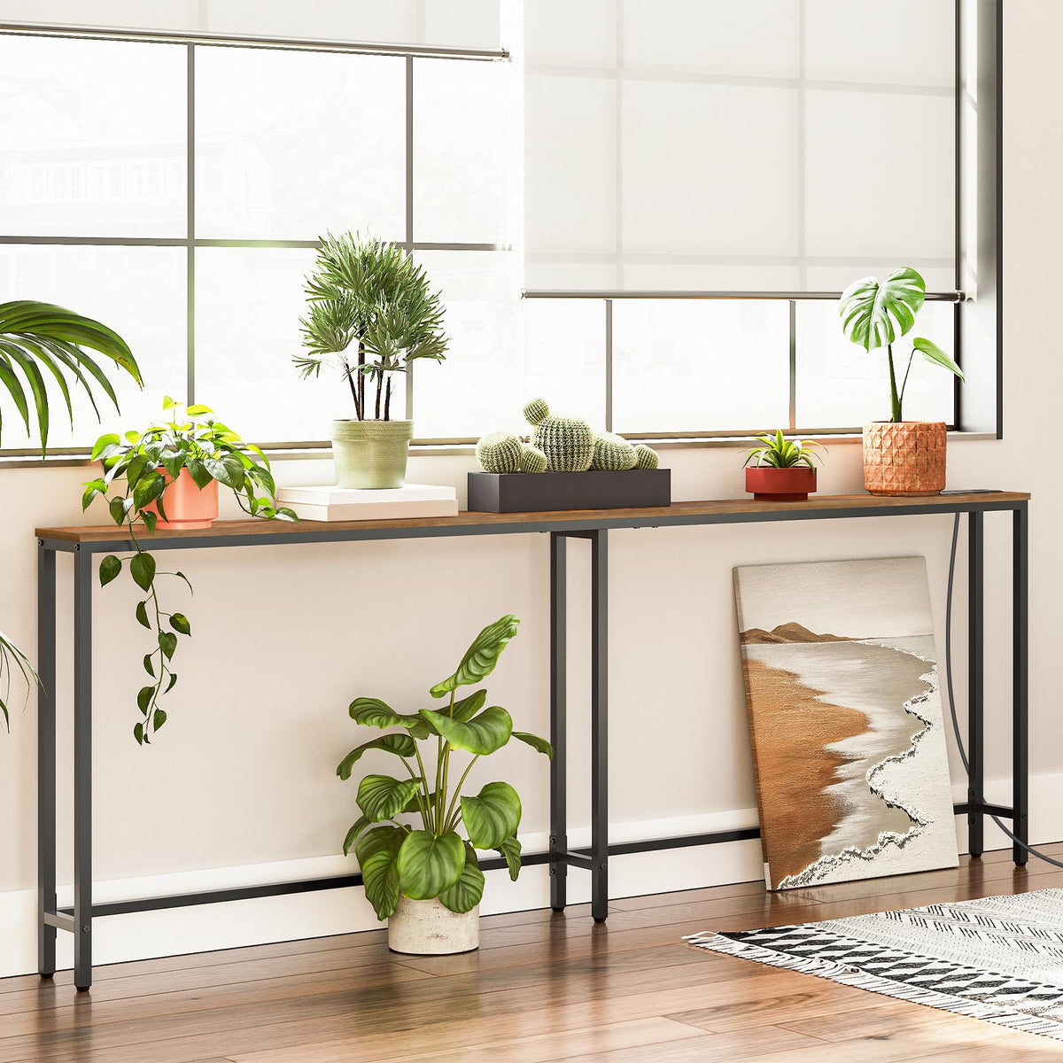 HOOBRO Narrow Console Table with Charging Station, 200 cm Behind Sofa Table, Long Hallway Table, Slim Console Table for Hallway, Bedroom, Living Room