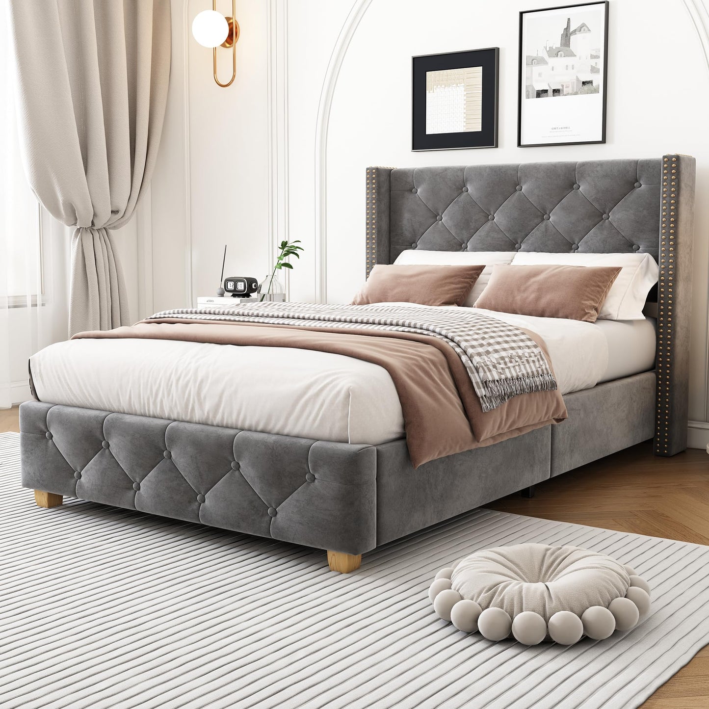 BTM Upholstered Single Bed 3ft(90 * 190cm), Single Bed Frame with Headboard, Slatted Frame, Button & Rivet upholstery and Wooden Leg, Grey Velvet