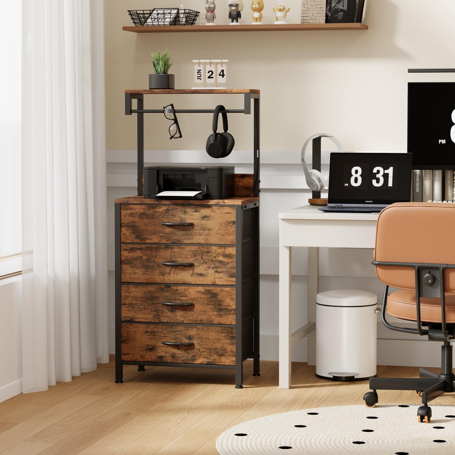 MUTUN Bedside Table with Charging Station, Bedside Cabinet with LED Light, Nightstand with Wood Shelf, 4 Fabric Drawers Side Table for Bedroom, Rustic