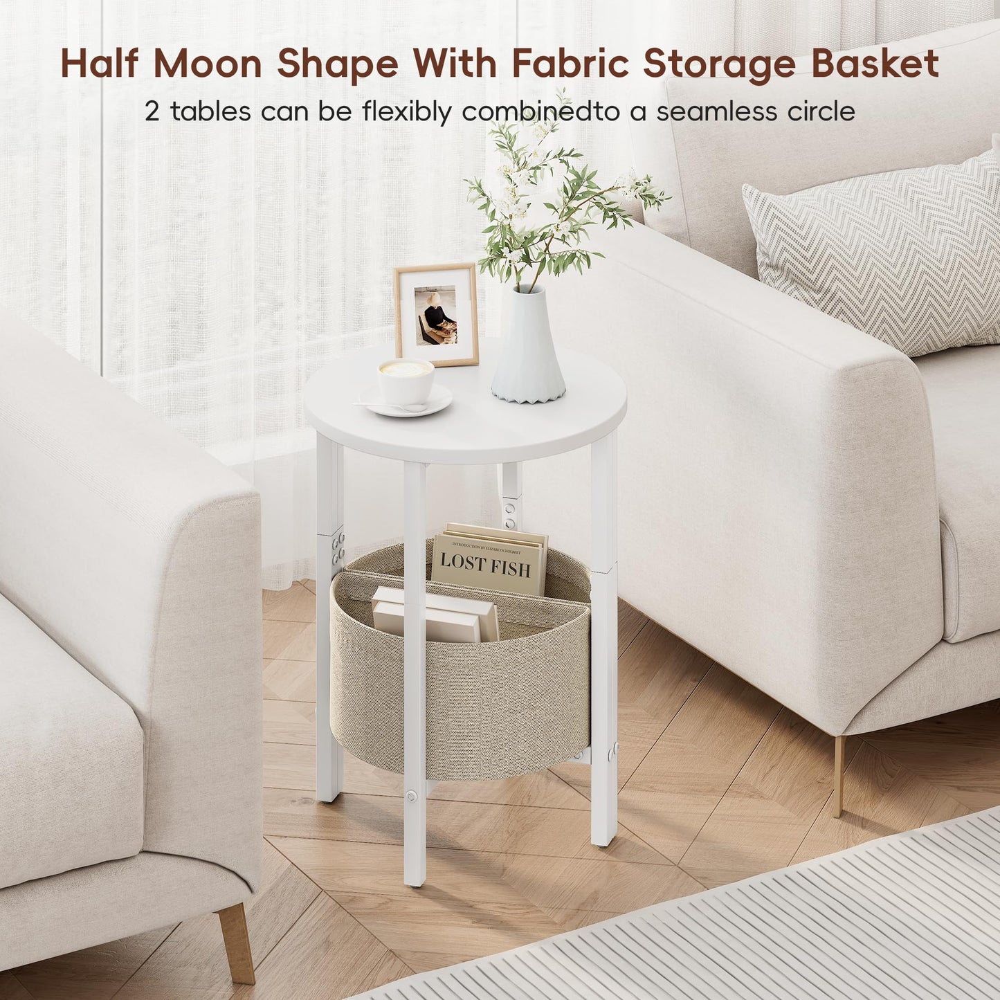 Vagusicc Side Table, Round End Table with Fabric Basket, Small Coffee Table, Set of 2 Half Moon Entry Table, Accent Table Bedside Table