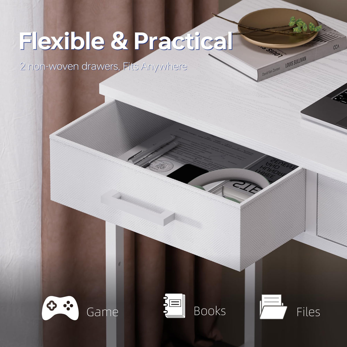 PAMRAY 80cm Small Computer Desk with 2 Drawers for Bedroom Study Writing Home Office Table for Small Spaces White