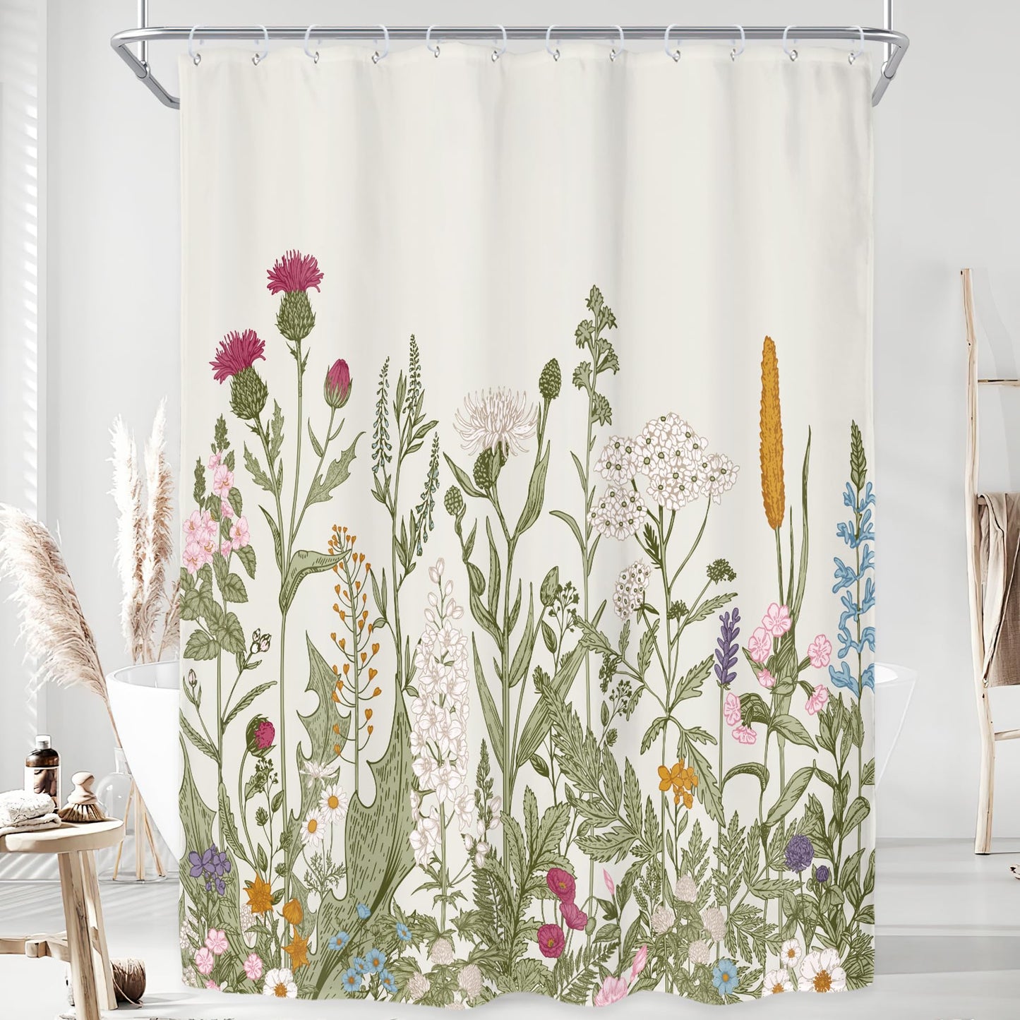 Riyidecor 54Wx78H Inch Fabric Wildflower Floral Flower Shower Curtain for Bathroom Decor Green Leaves Botanical Decorative Bath Set Plant Herbs