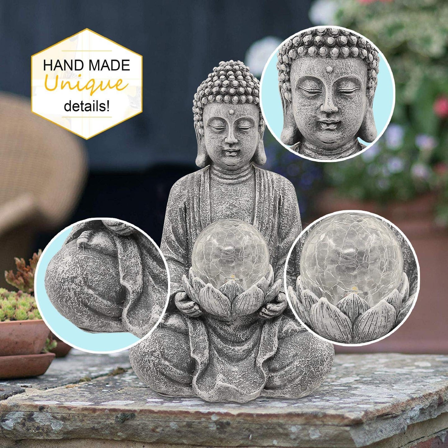 Goodeco Meditating Buddha Ornament with Solar Light,Zen Solar Garden Buddha Statue with Cracked glass ball sculpture-Indoor/Outdoor Decor Gifts for