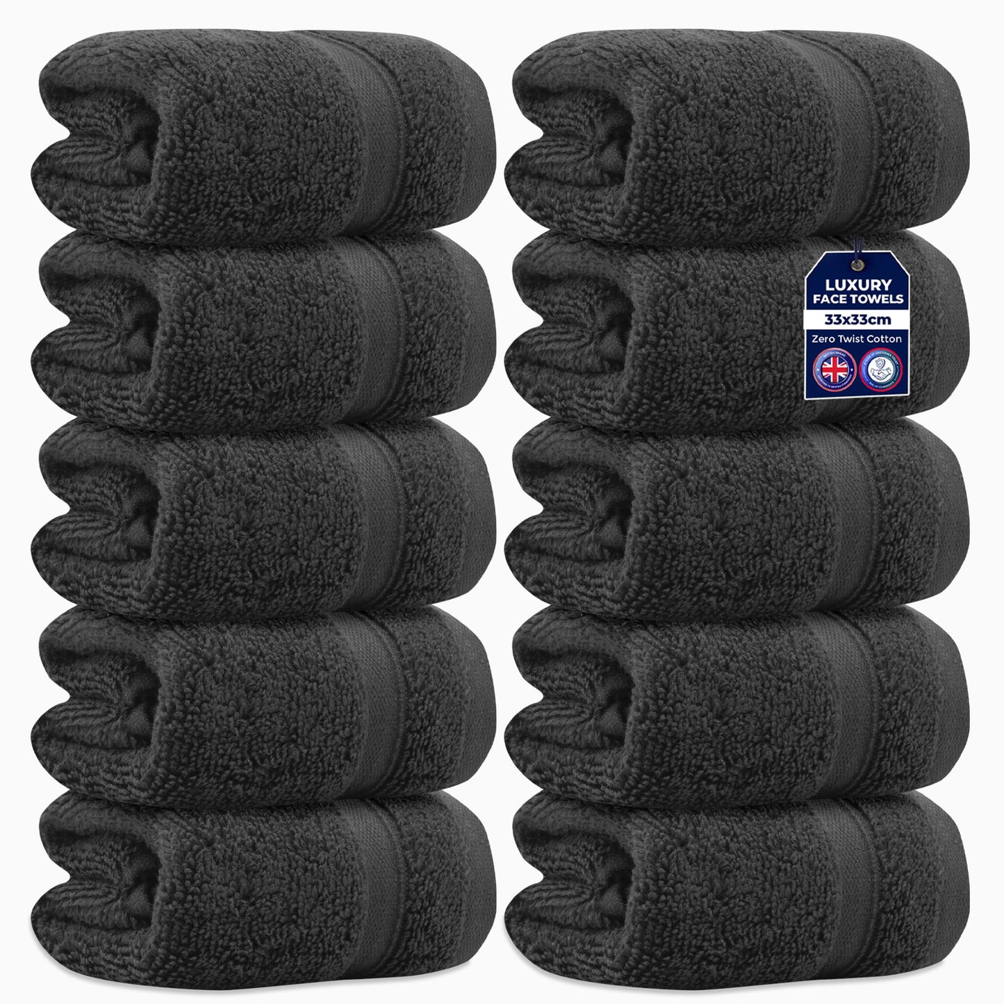 Towelogy Zero Twist Face Cloths 33x33cm - 100% Egyptian Cotton Washcloths Absorbent & Super Soft Hotel Quality Towels | Oeko-Tex Certified (10,