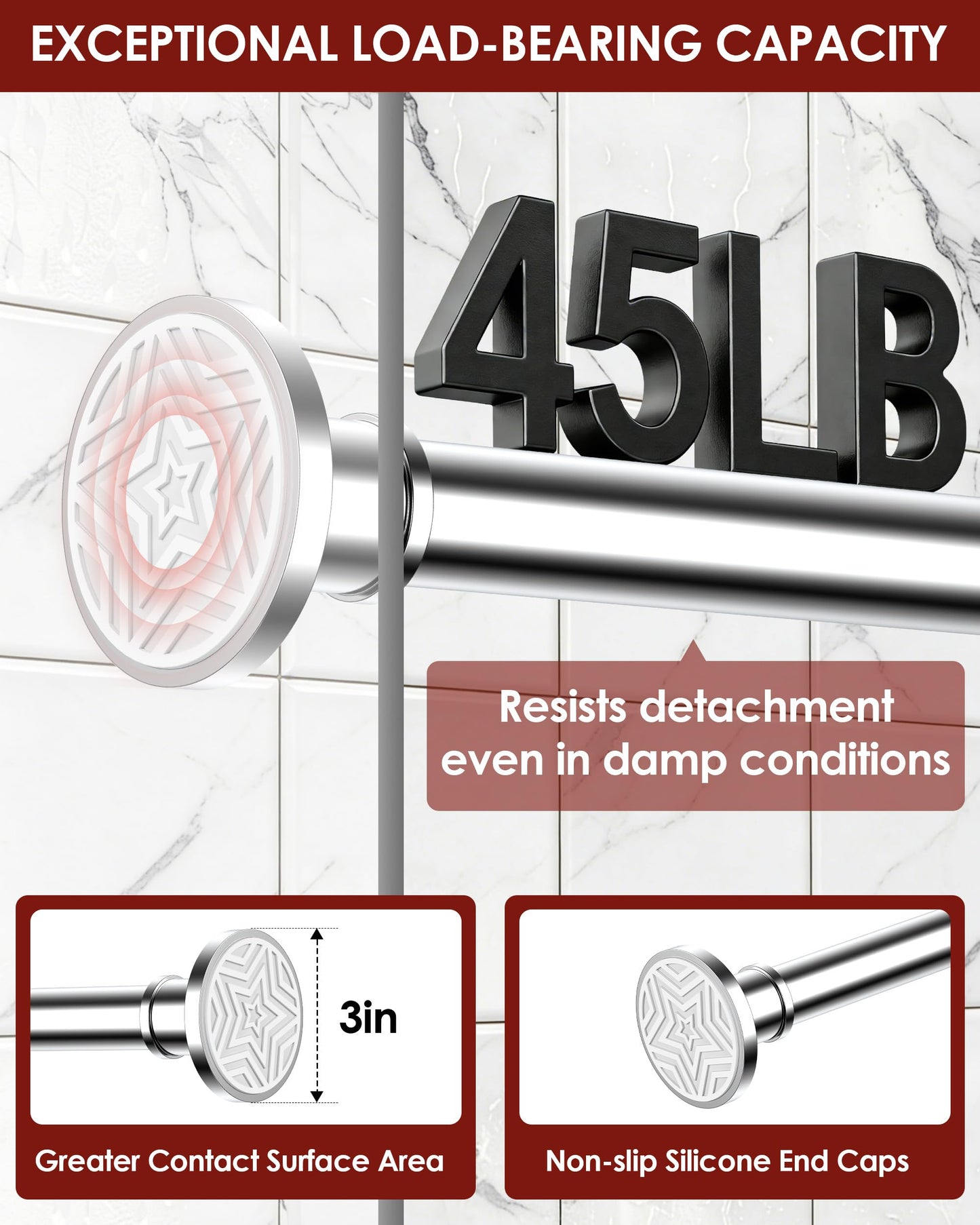 Shower Curtain Pole, Extendable No-Drill Tension Rod, Shower Pole & Curtain Set - Telescopic Shower Rail, 76-278cm, Rustproof Non-Slip