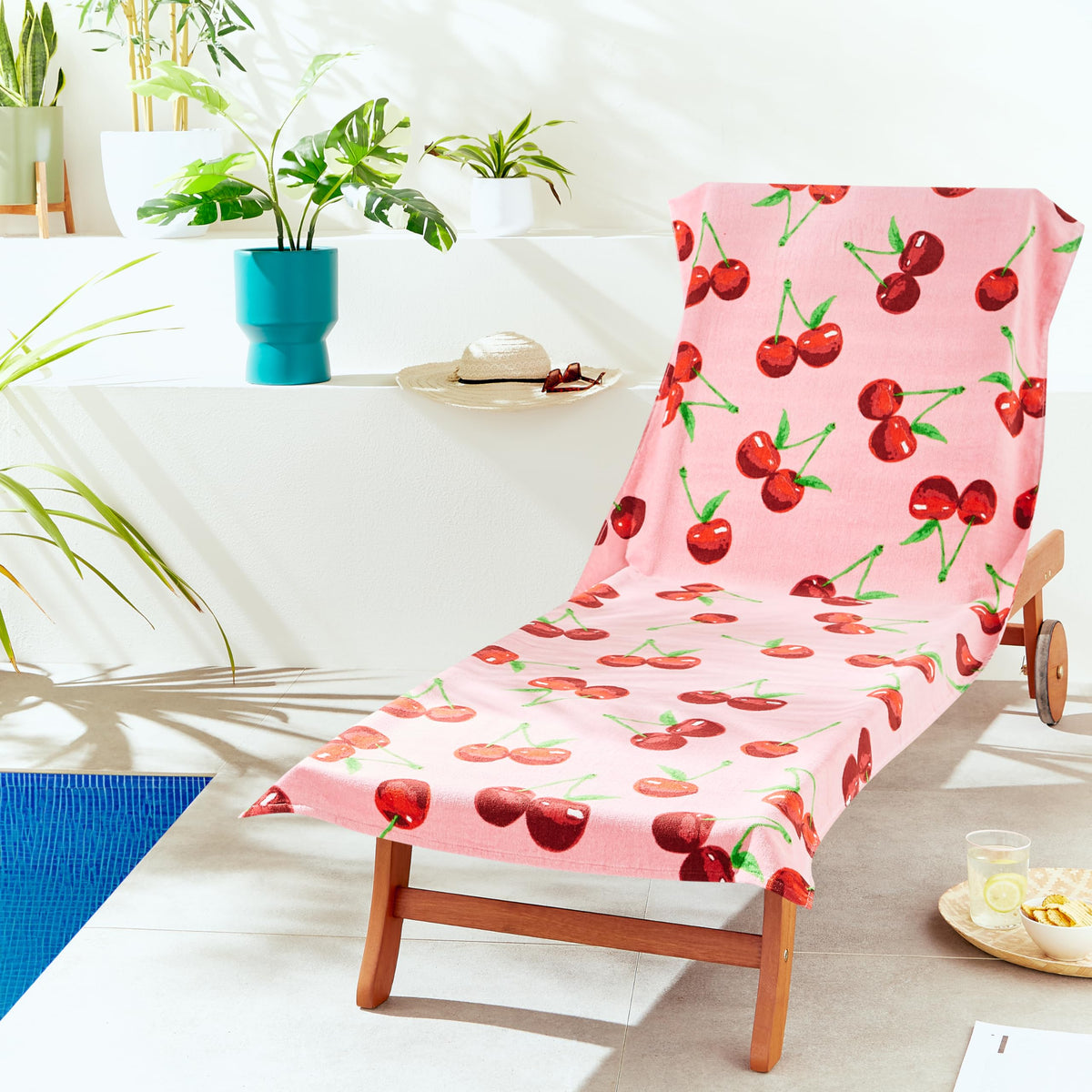 Catherine Lansfield Cherries Cotton 78x200cm Beach Sun Lounger Towel Pink