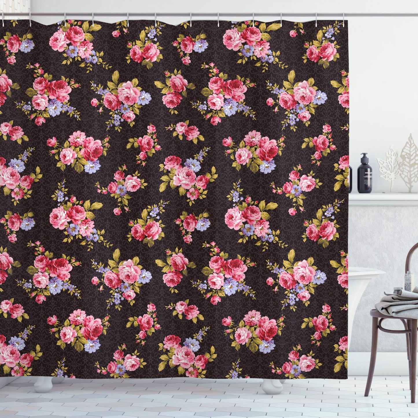 ABAKUHAUS Rose Shower Curtain, Pattern with Old Fashioned Corsage and Bouquets Antique Feminine Floral Inspired Grace, Cloth Fabric Bathroom Decor Set