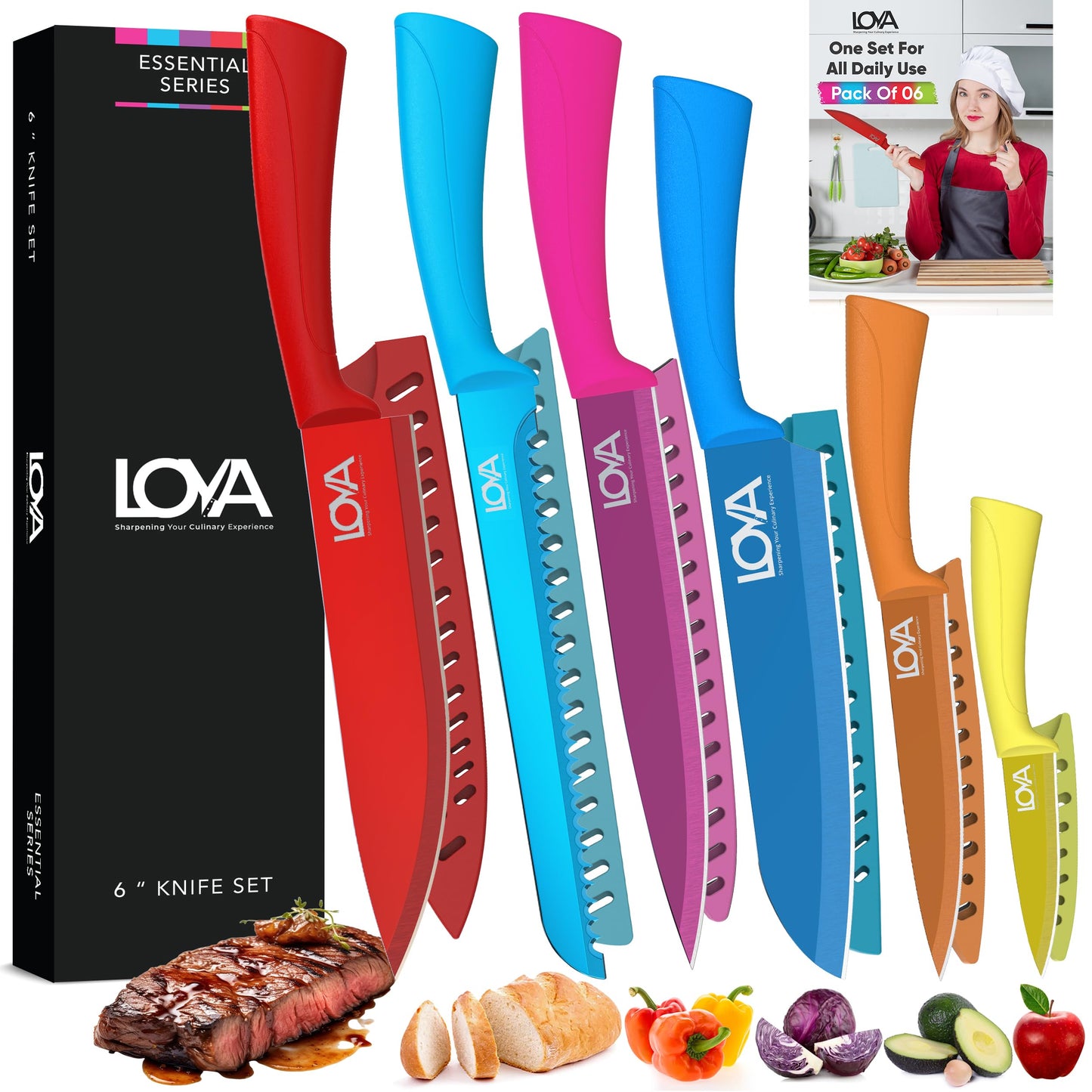 Professional kitchen knives Set of 6, Silver High-Carbon Stainless Steel Blades with Non-Stick Coating, Ergonomic Handles, Protective Sharp Knife Set