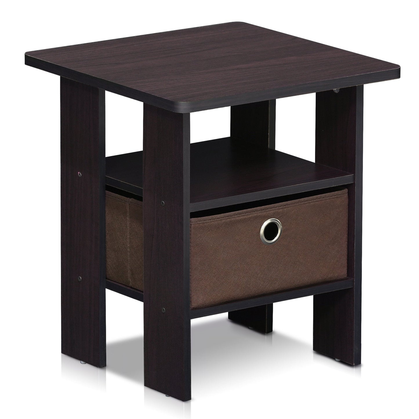 Furinno ANDREY Side Table, End Table, Night Stand with Open Shelves and Storage Bin, Bedside Table, for Living Room, Bedroom, Dark Walnut