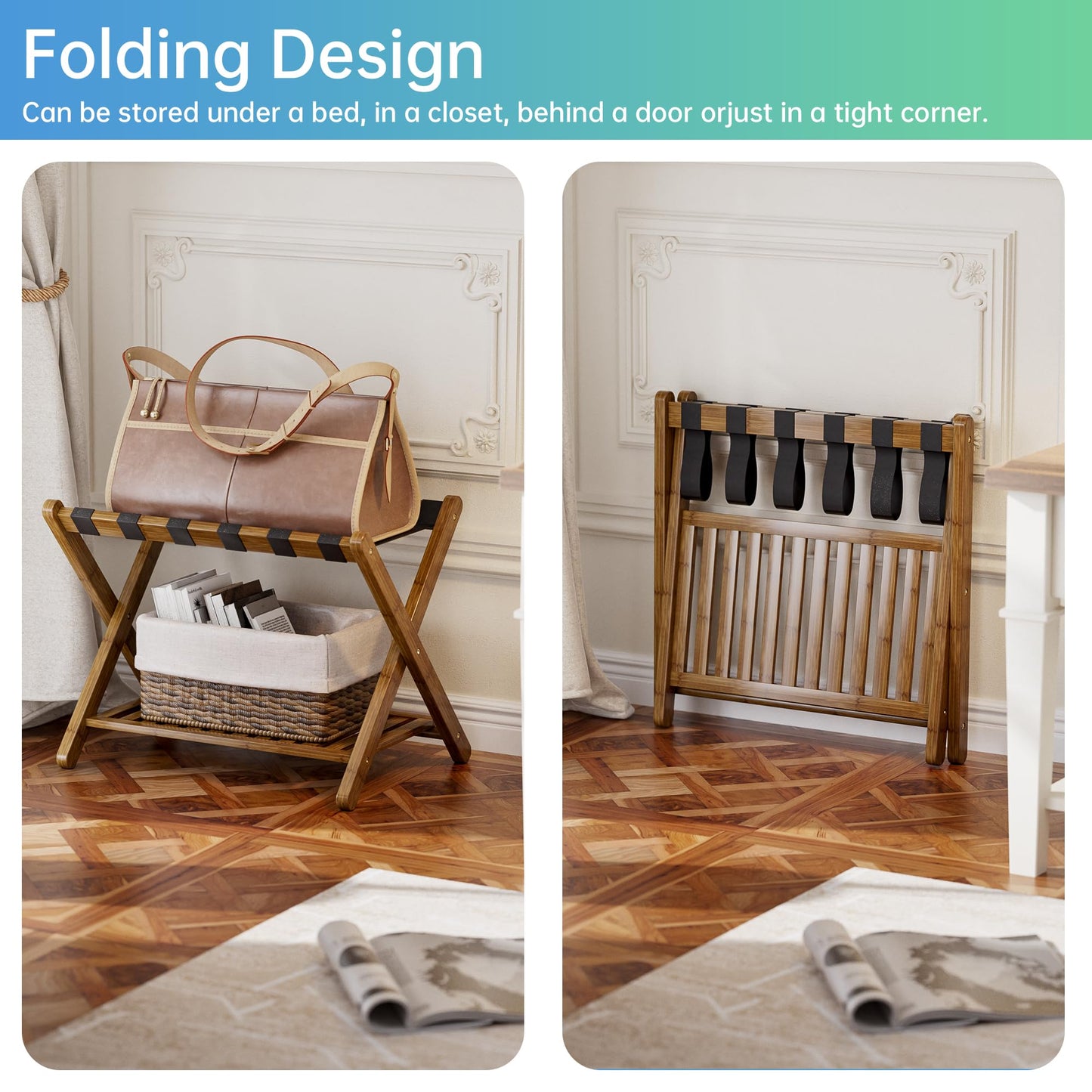 SMIBUY Luggage Rack, Foldable Bamboo Suitcase Stand with Storage Shelf for Guest Room, Bedroom, Hotel, Heavy-Duty (Walnut)