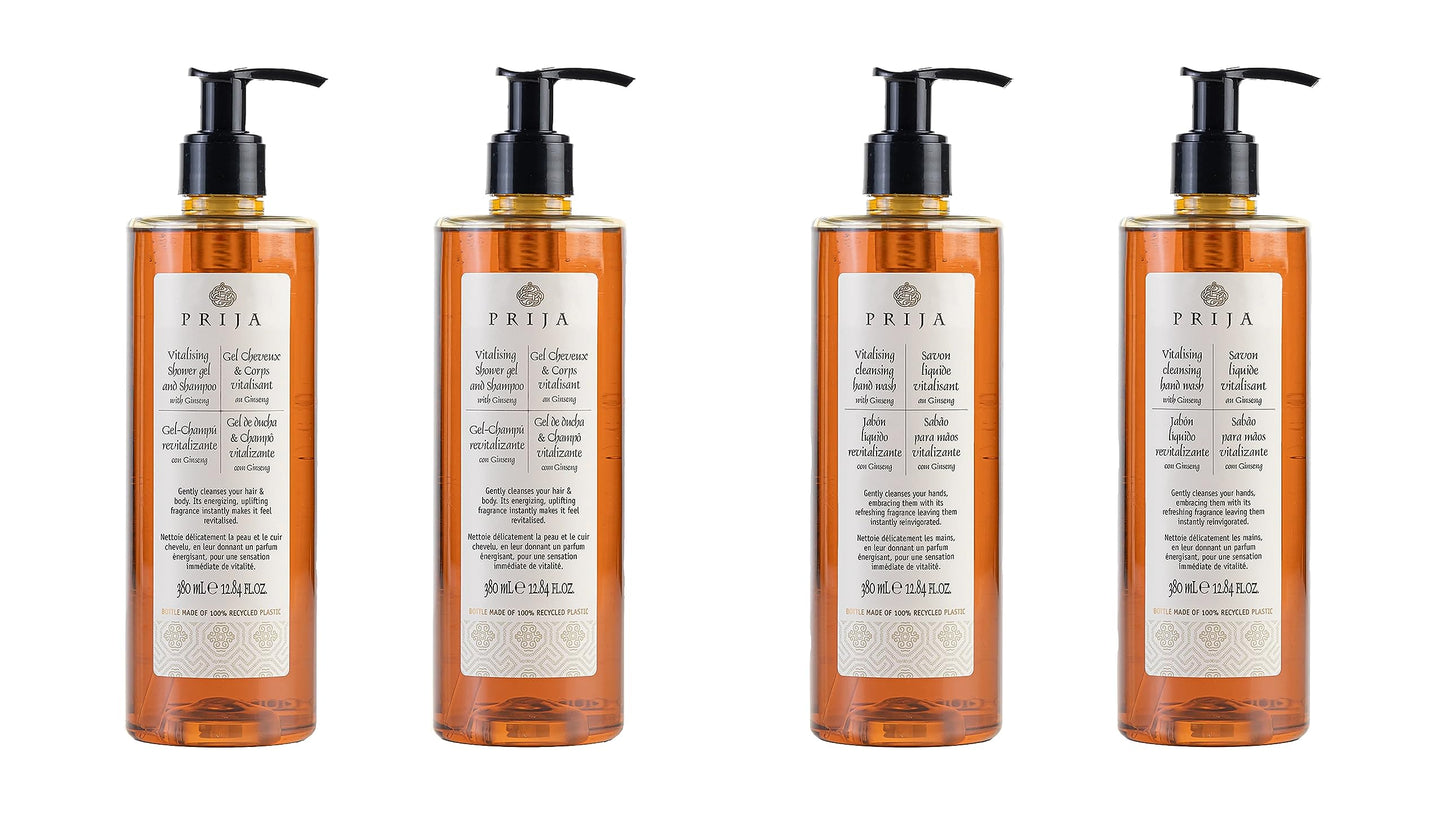 Prija Vitalising Cleansing Hand Wash with Ginseng Extract and Vitalising 2 in 1 Shower Gel and Shampoo Bundle 4 x 380ml