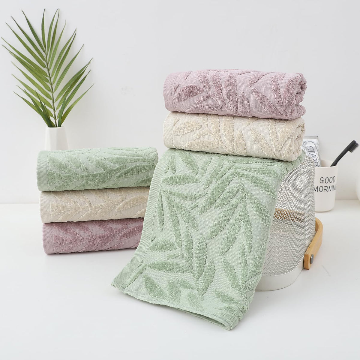 Pidada Hand Towels Set of 4 Leaf Pattern 100% Cotton Absorbent Soft Decorative Towel for Bathroom (Light Brown)