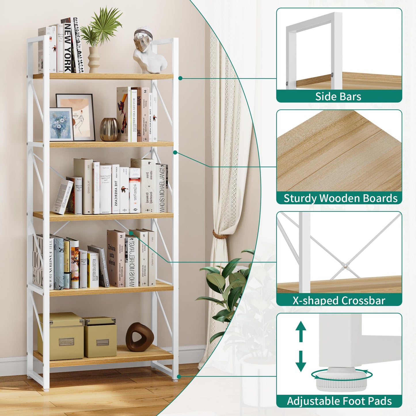 YITAHOME Bookshelf, 5 Tiers Bookcase Tall Book shelf with Metal Frame, Industrial Display Storage Rack