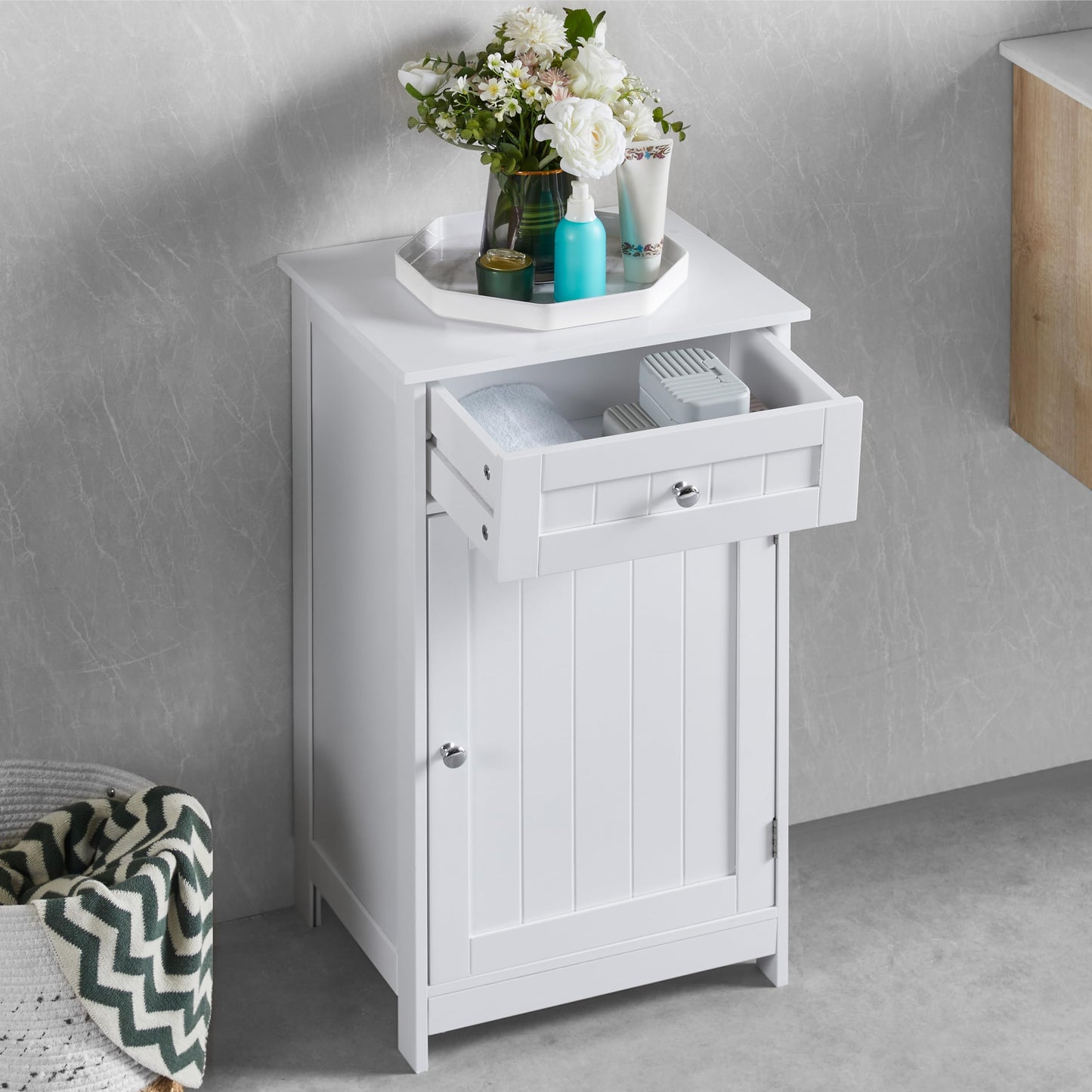 Bath Vida Priano Freestanding 1 Drawer 1 Door Bathroom Floor Cabinet, White