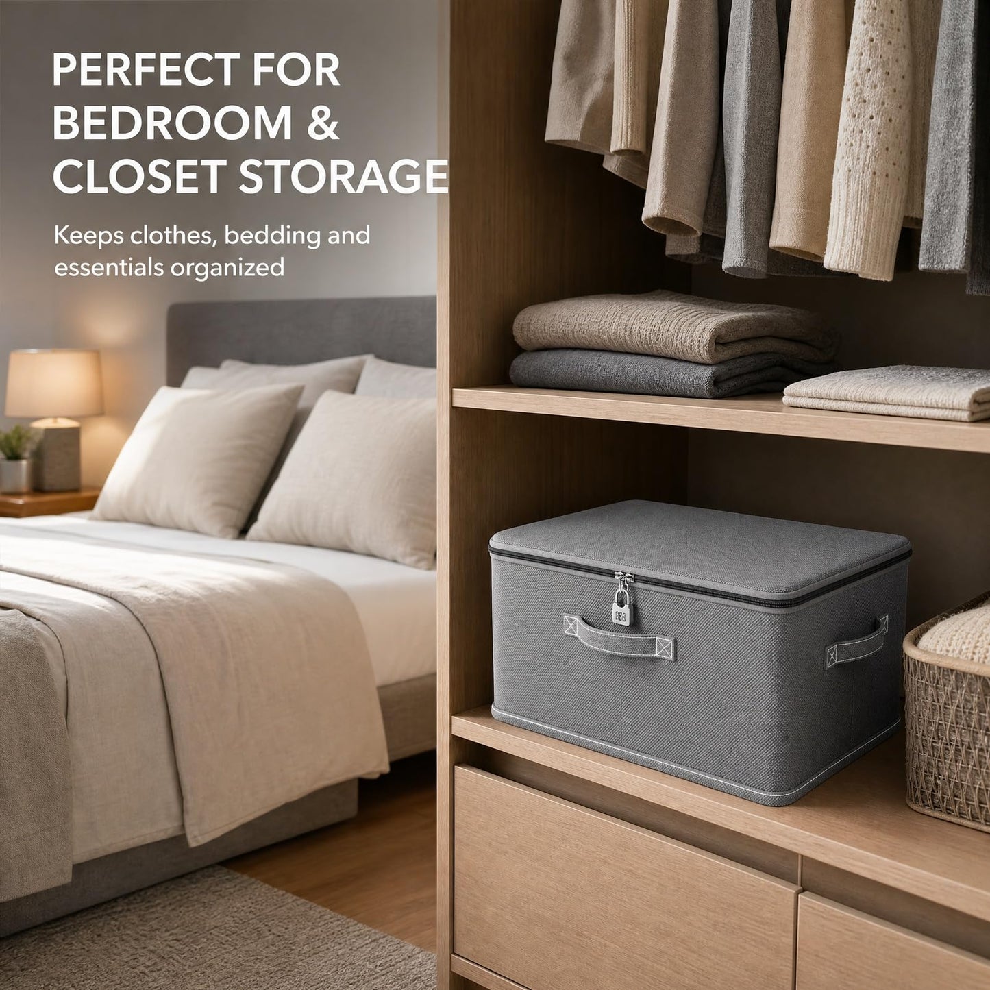 BOBPPOP Fabric Storage Boxes With Lids, Grey Under Bed Storage Box With Lock, Clothes & Toys Organisation Box For Bedding, Medicine, Snacks