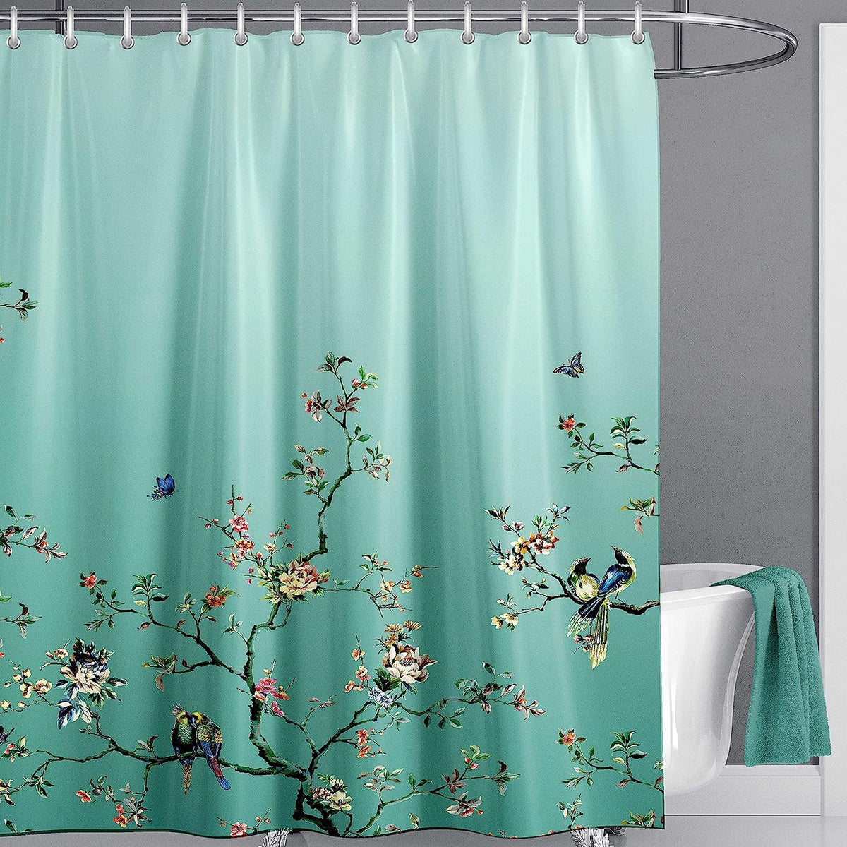 LIVETTY Ombre Green Bird Extra Long Shower Curtain 180cm ? 210cm Drop Floral Butterfly Fabric Bathroom Mould Proof Spring Washable Shower Curtain With