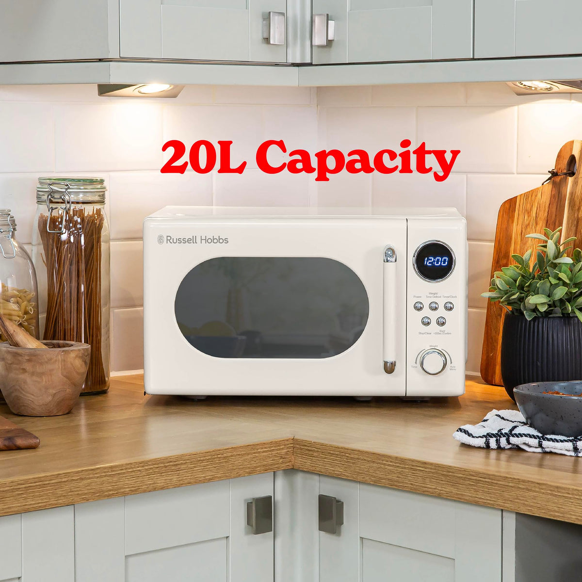 Russell Hobbs RHM2044C Retro 20 Litre Cream Digital Microwave, 800W, Mirror Finish, 8 Auto Cook Settings, 5 Power Levels