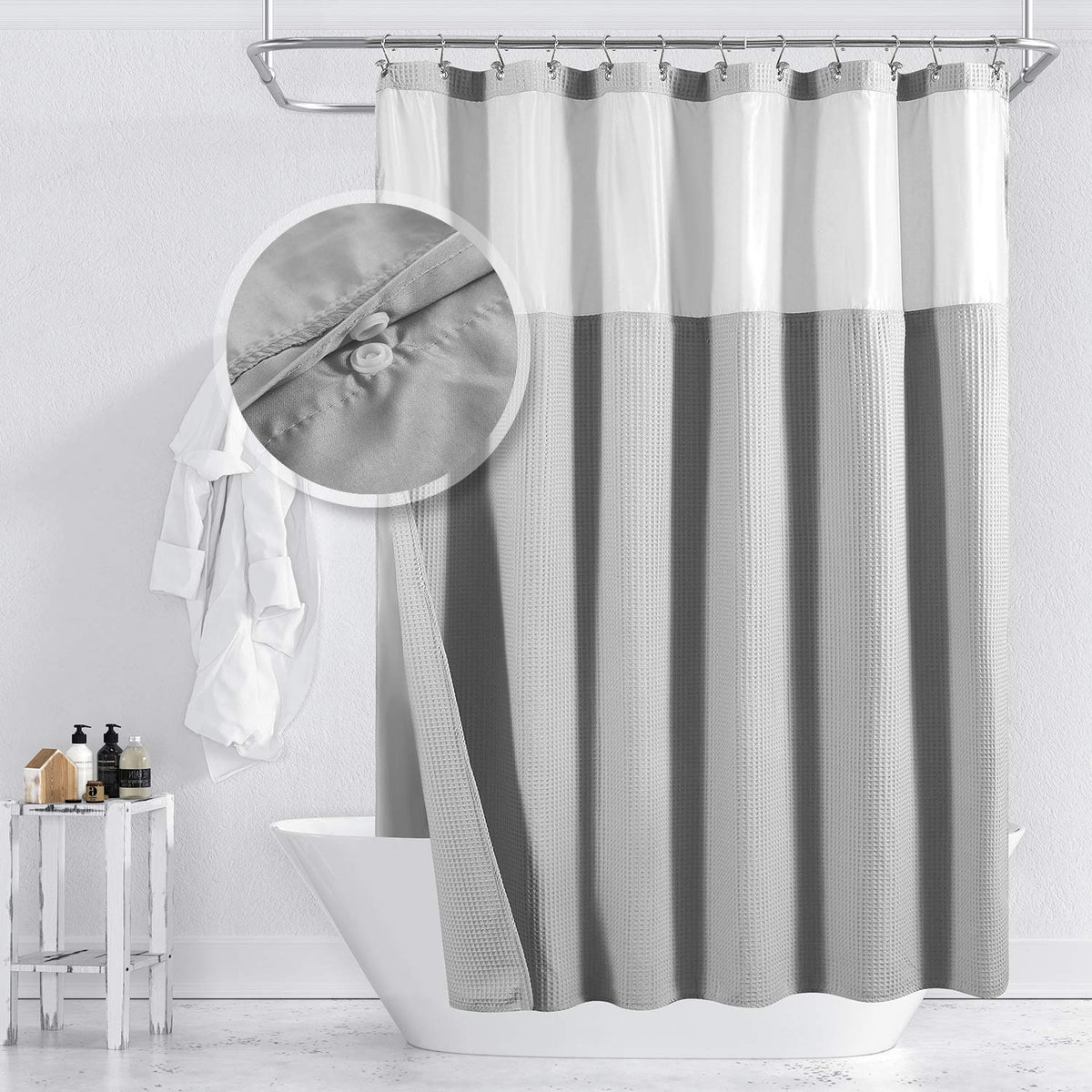 Barossa Design Cotton Blend Waffle Weave Shower Curtain with Snap-in Fabric Liner, Hotel Luxury Spa, Mesh Window Top, Machine Washable, Lake Wanaka