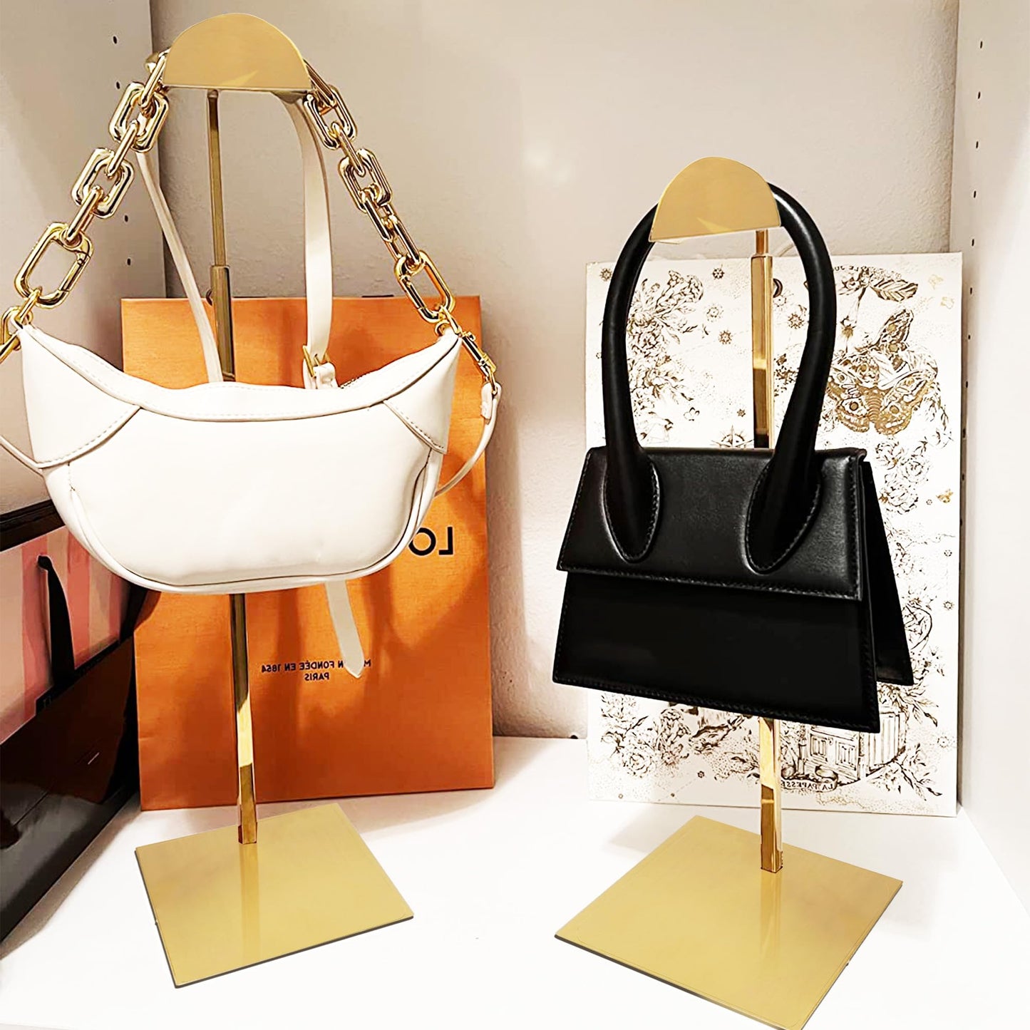 Royxen 3 Pack Handbag Rack Stainless Steel with Adjustable Height, Purse Display Stand Gold